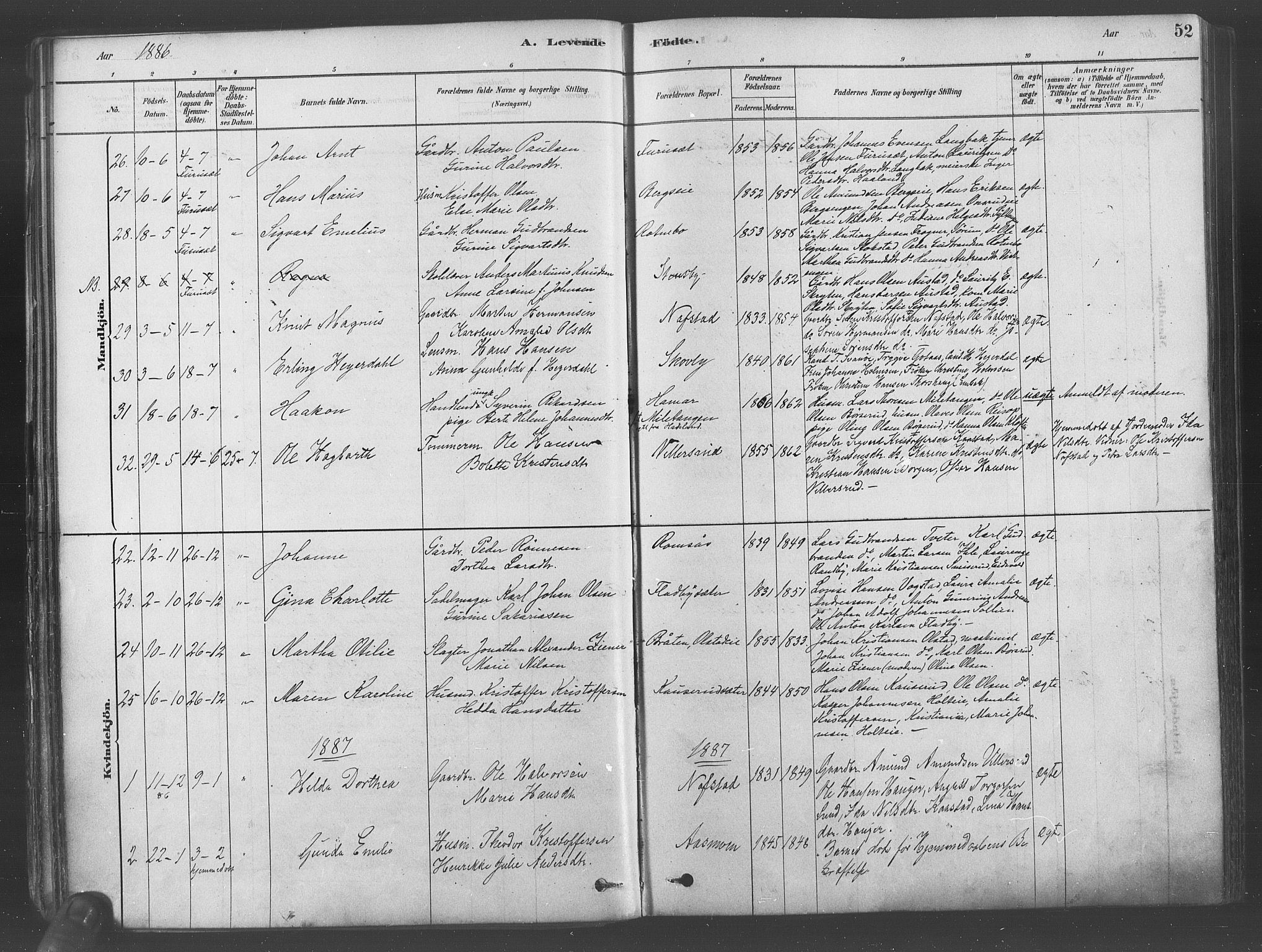 Ullensaker prestekontor Kirkebøker, AV/SAO-A-10236a/F/Fa/L0019: Parish register (official) no. I 19, 1878-1891, p. 52