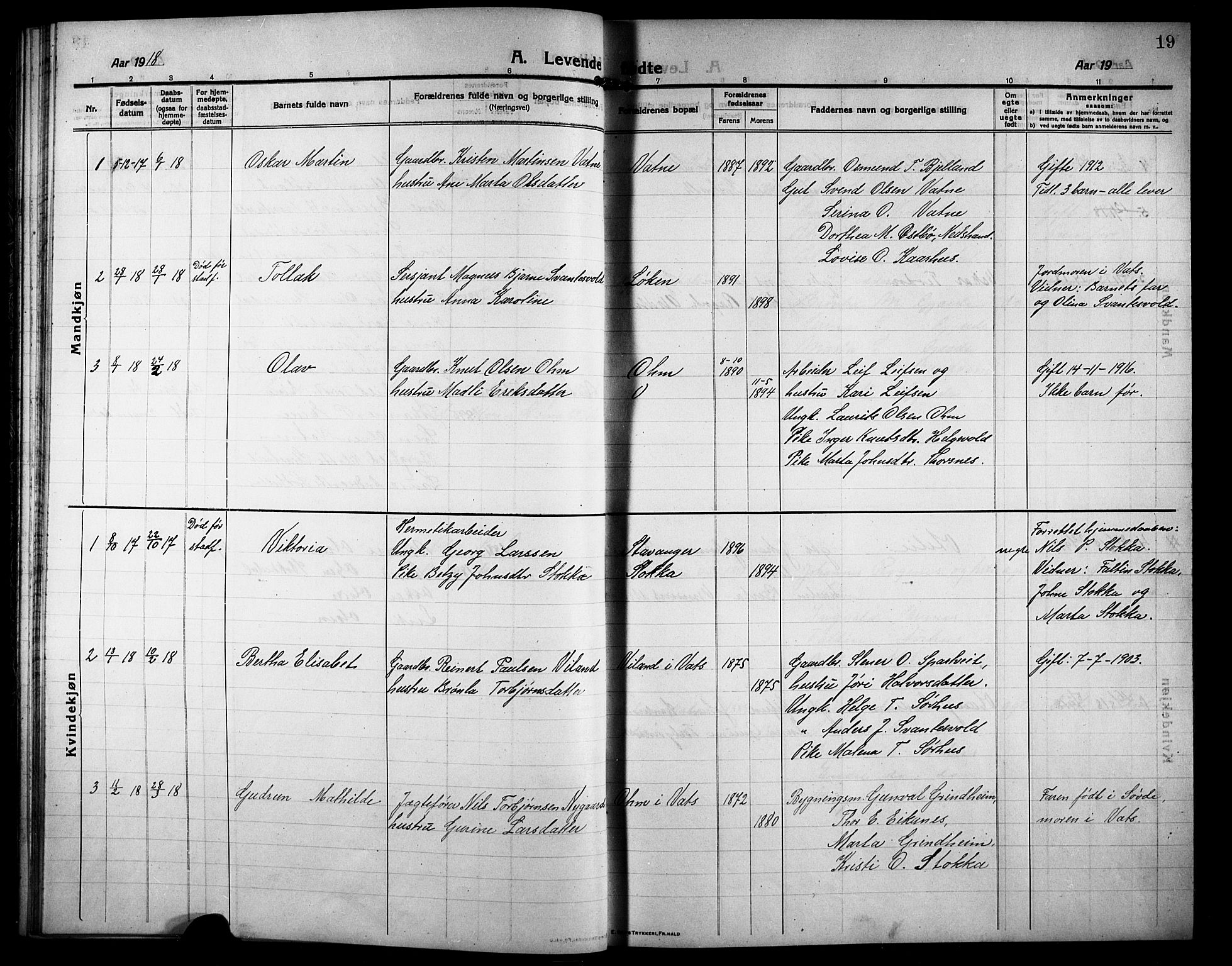 Skjold sokneprestkontor, SAST/A-101847/H/Ha/Hab/L0009: Parish register (copy) no. B 9, 1914-1925, p. 19