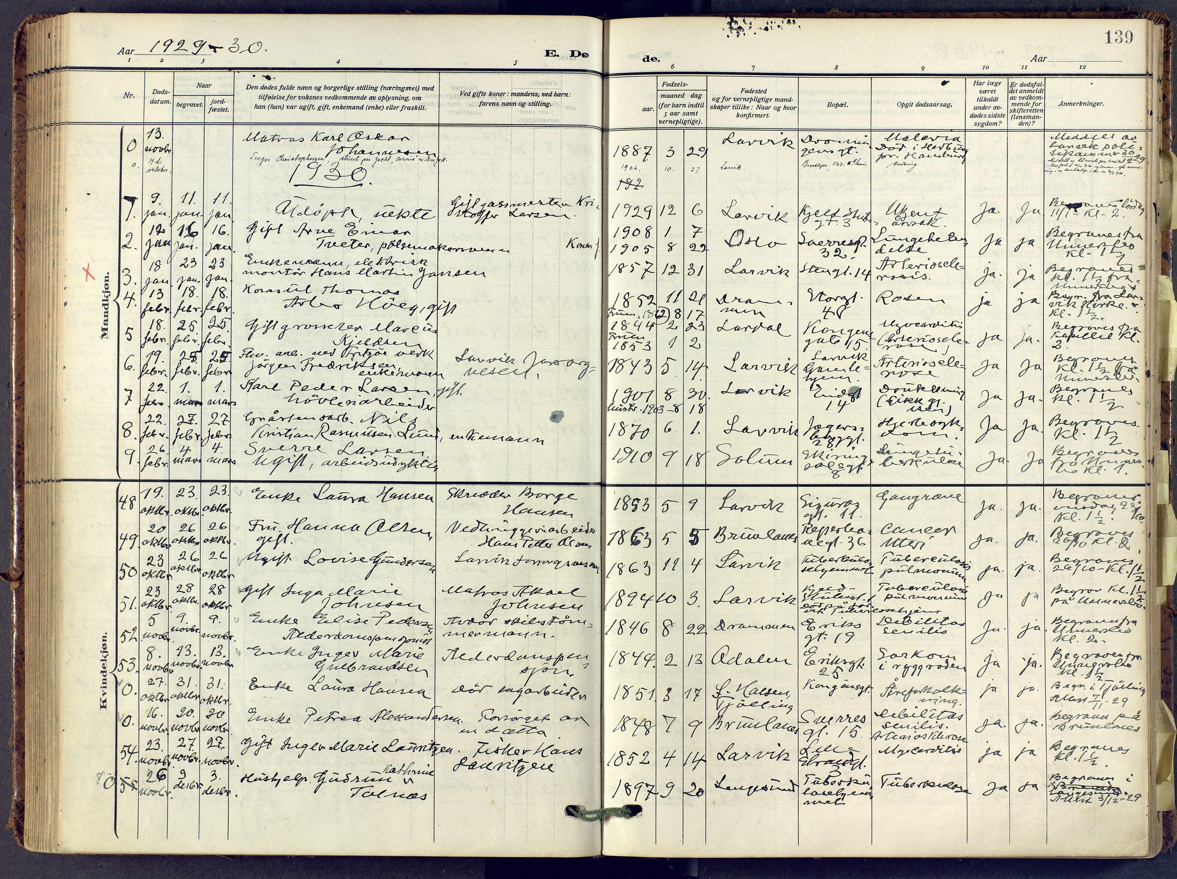 Larvik kirkebøker, AV/SAKO-A-352/F/Fa/L0013: Parish register (official) no. I 13, 1910-1960, p. 139