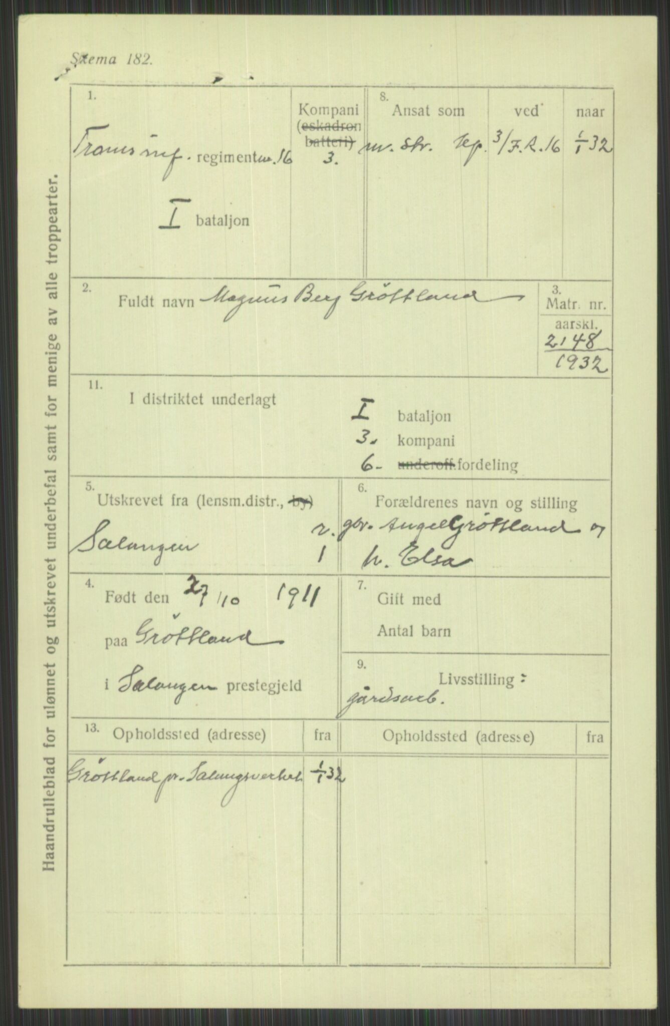 Forsvaret, Troms infanteriregiment nr. 16, AV/RA-RAFA-3146/P/Pa/L0016: Rulleblad for regimentets menige mannskaper, årsklasse 1932, 1932, p. 365