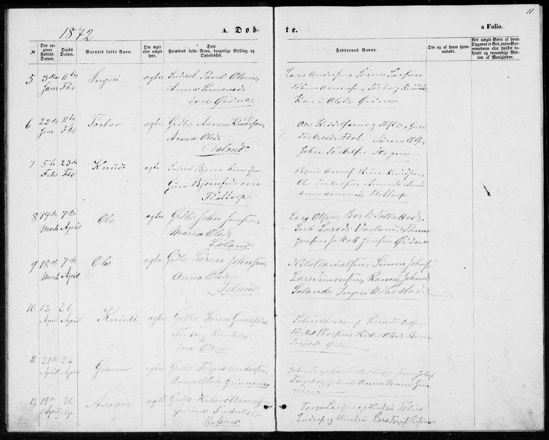 Bjelland sokneprestkontor, AV/SAK-1111-0005/F/Fb/Fbc/L0002: Parish register (copy) no. B 2, 1867-1887, p. 11