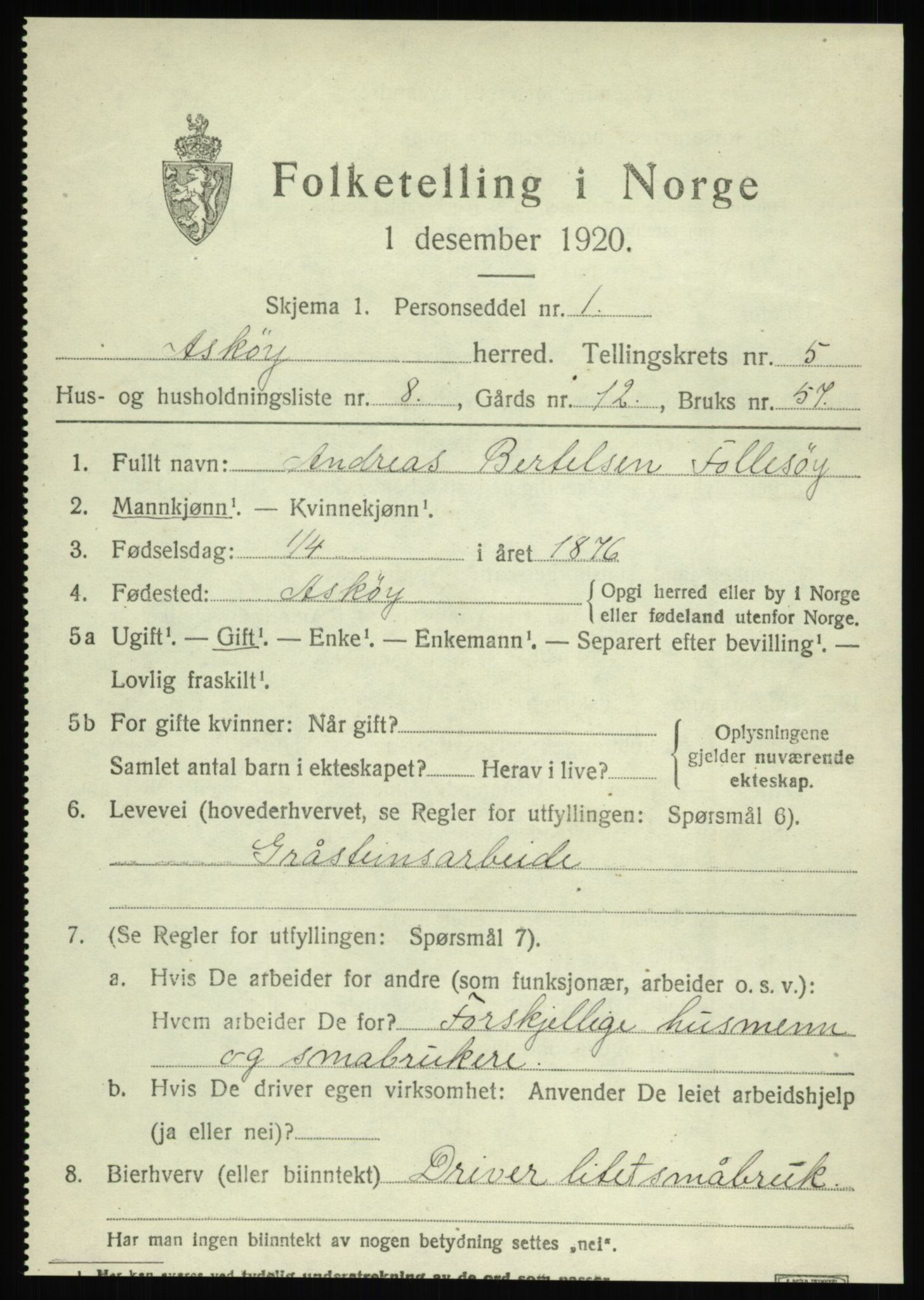 SAB, 1920 census for Askøy, 1920, p. 8840
