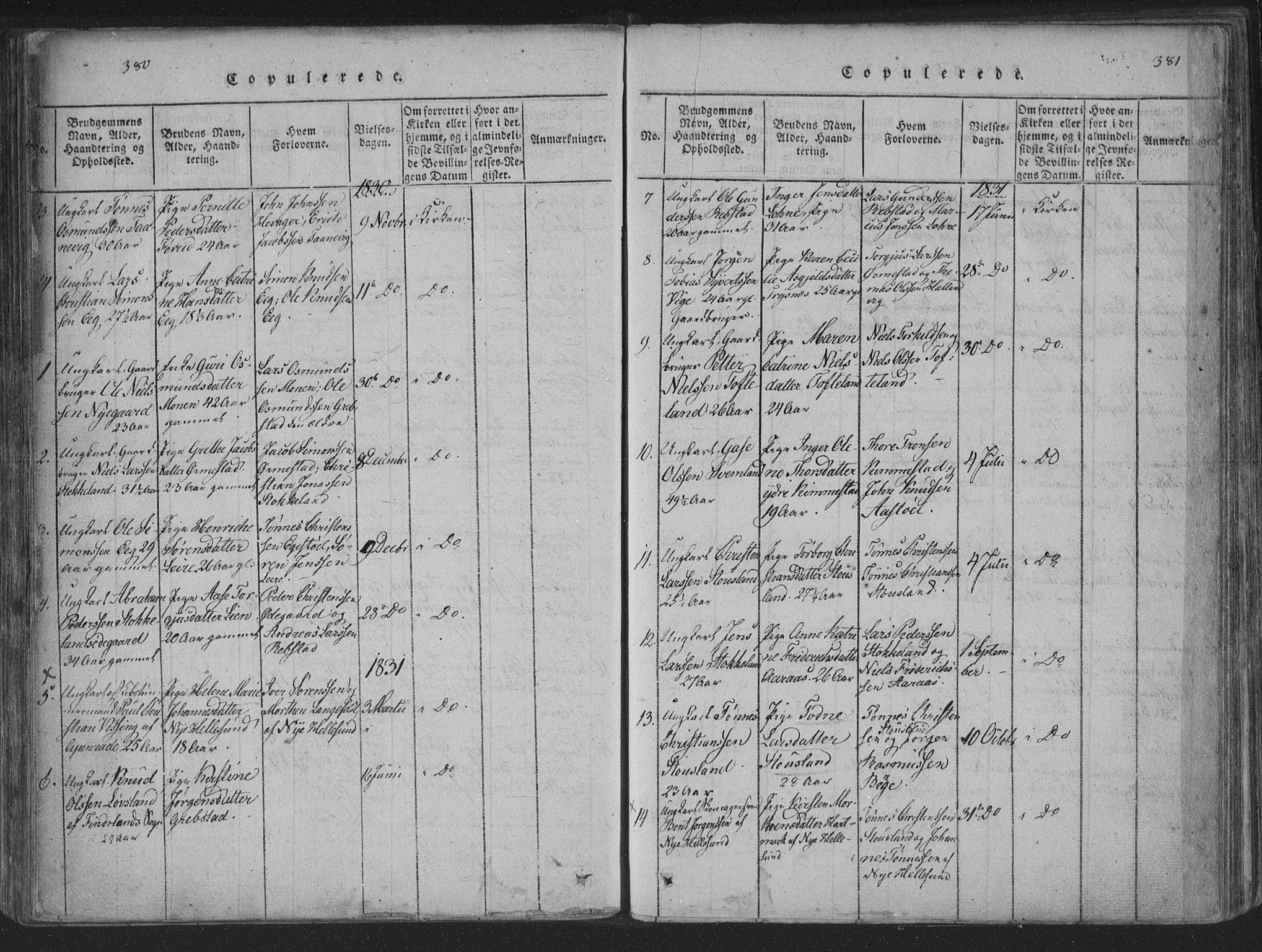 Søgne sokneprestkontor, SAK/1111-0037/F/Fa/Fab/L0008: Parish register (official) no. A 8, 1821-1838, p. 380-381
