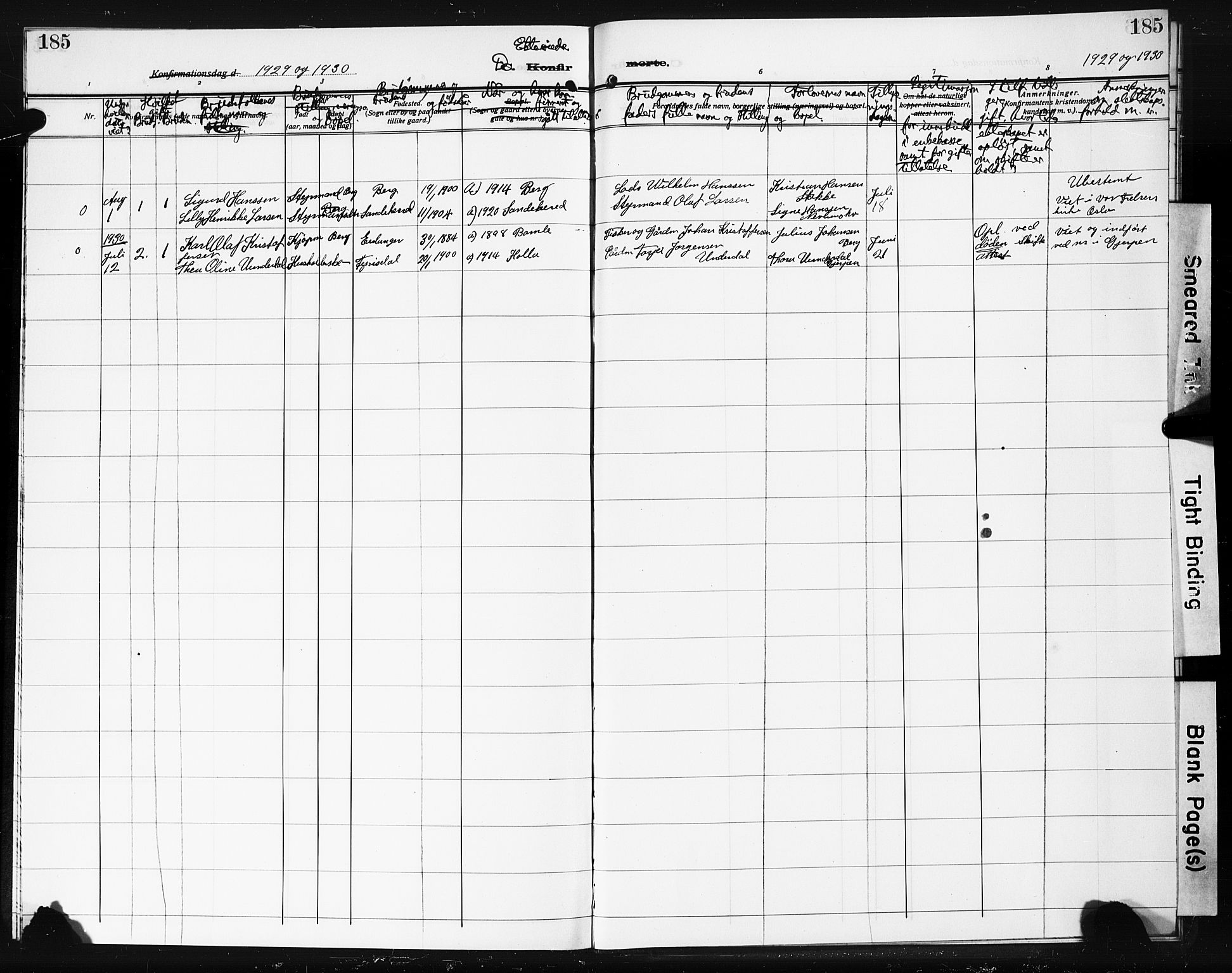Brunlanes kirkebøker, AV/SAKO-A-342/G/Gb/L0004: Parish register (copy) no. II 4, 1928-1931, p. 185