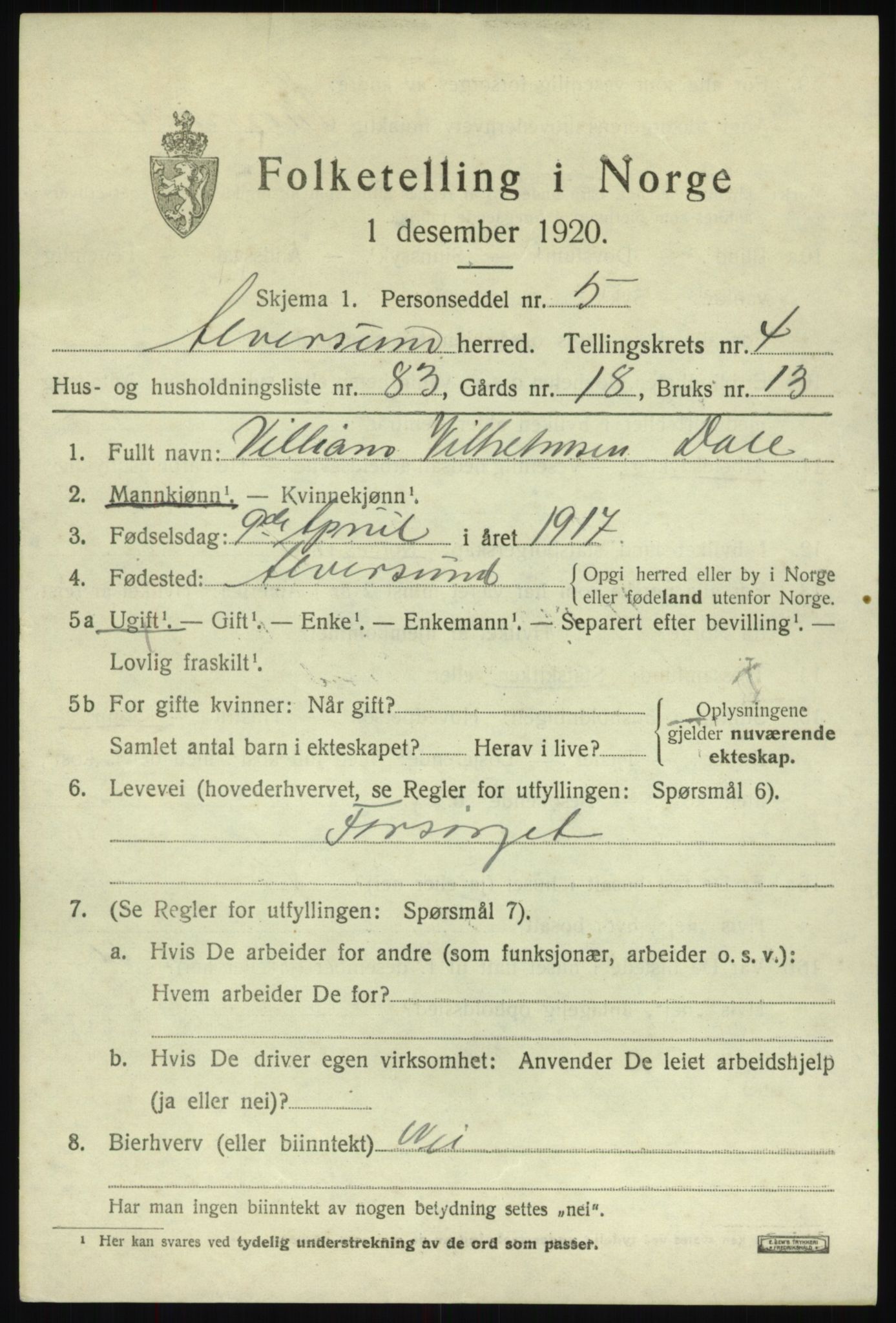 SAB, 1920 census for Alversund, 1920, p. 3846