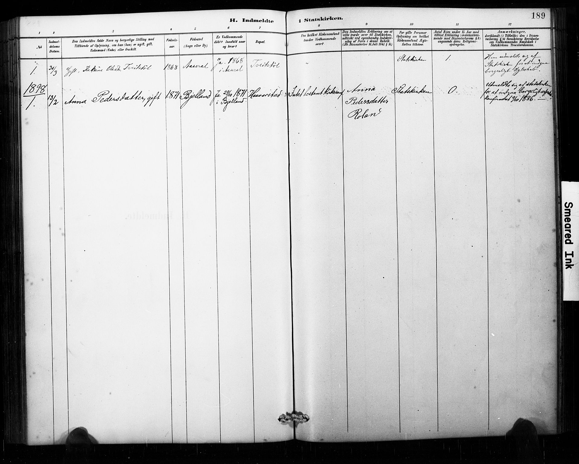 Åseral sokneprestkontor, AV/SAK-1111-0051/F/Fa/L0003: Parish register (official) no. A 3, 1884-1901, p. 189