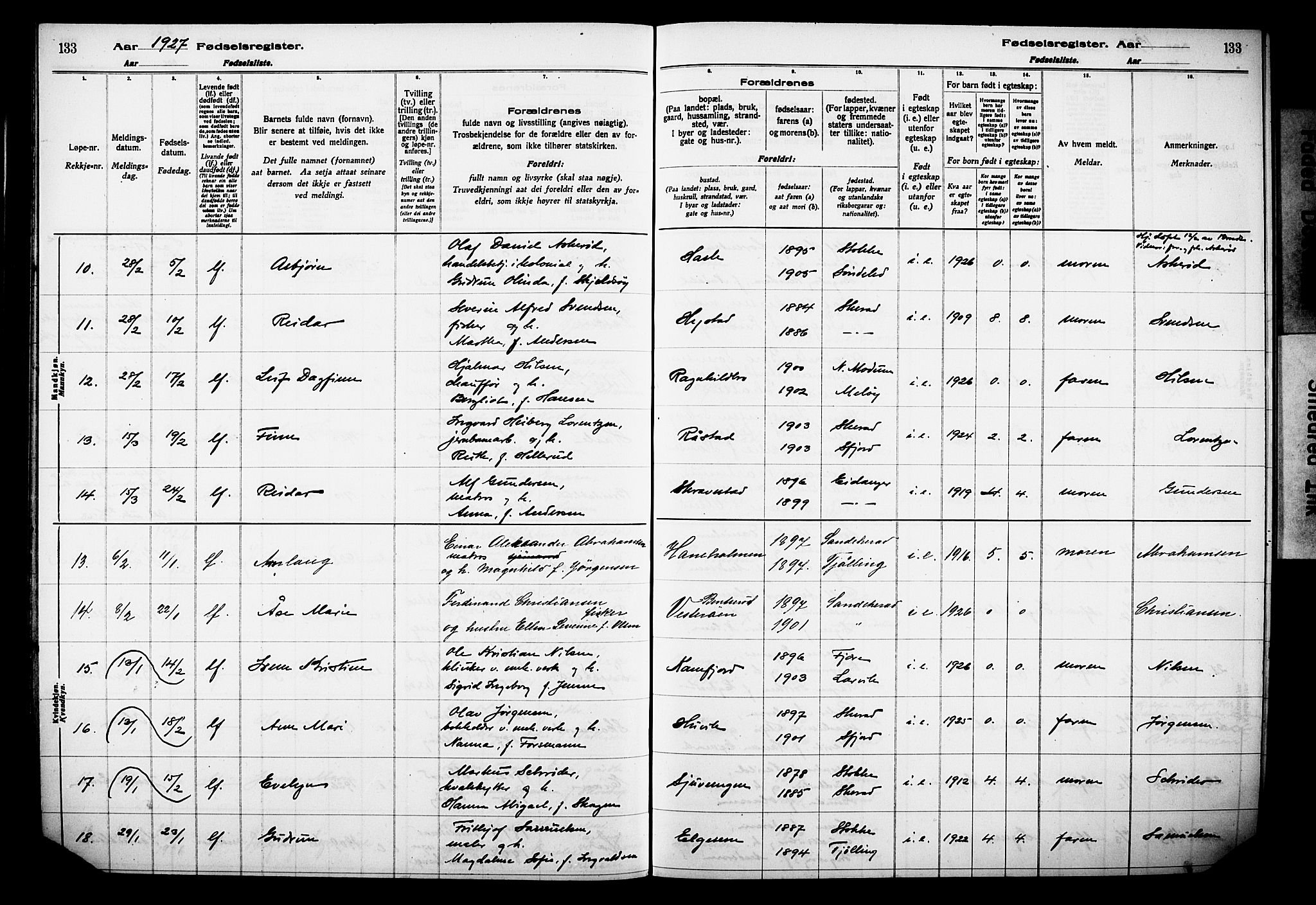 Sandar kirkebøker, AV/SAKO-A-243/J/Ja/L0002: Birth register no. 2, 1922-1929, p. 133