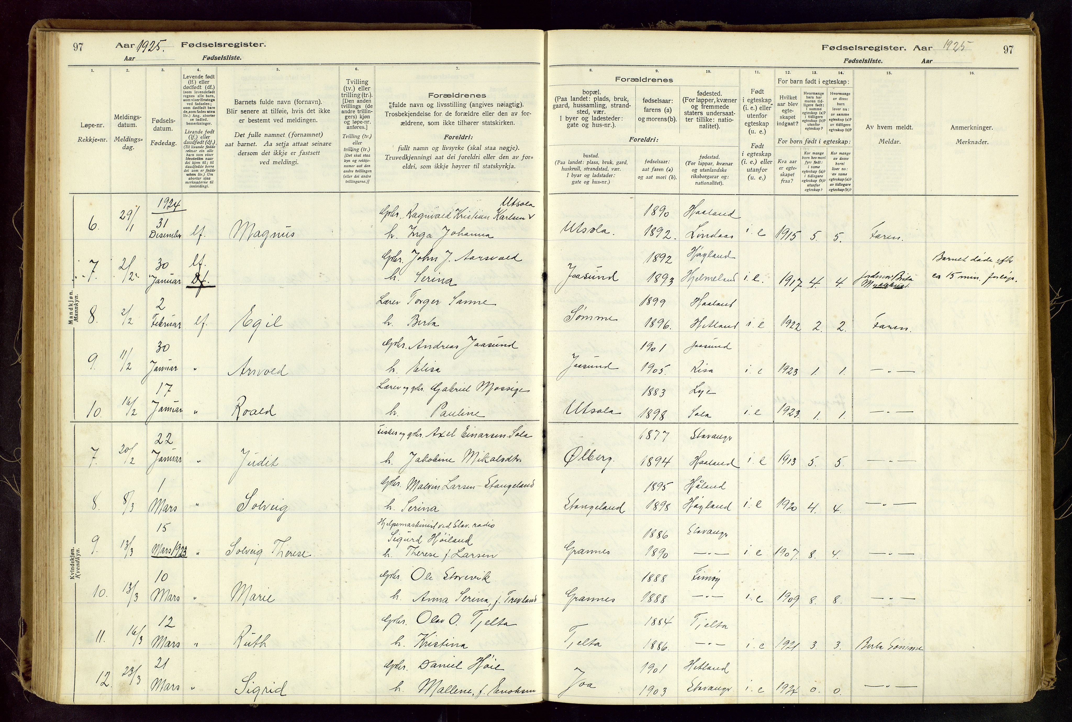 Håland sokneprestkontor, AV/SAST-A-101802/001/704BA/L0001: Birth register no. 1, 1916-1936, p. 97