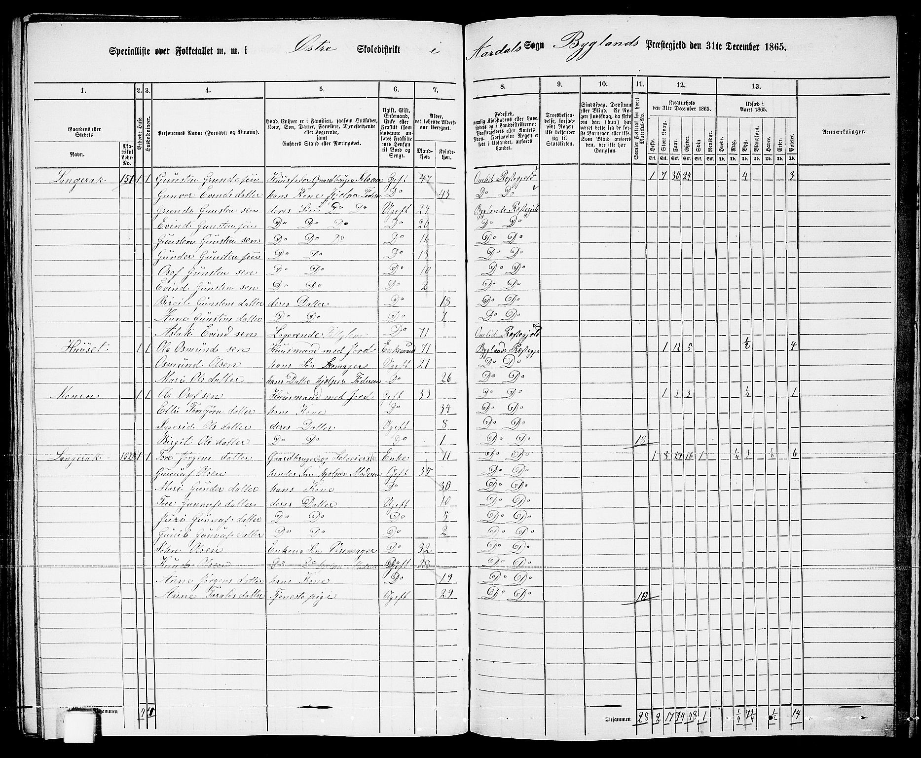 RA, 1865 census for Bygland, 1865, p. 82