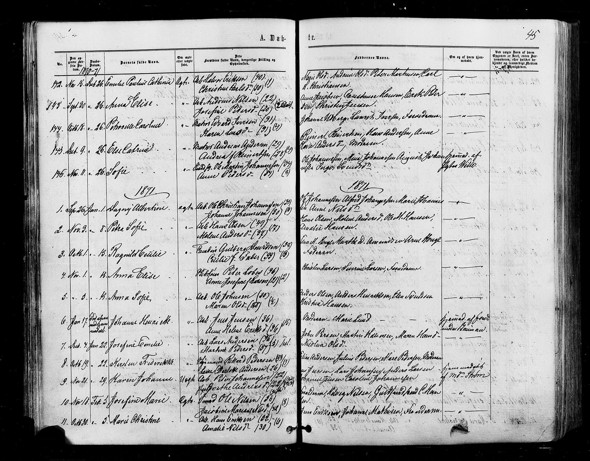 Halden prestekontor Kirkebøker, AV/SAO-A-10909/F/Fa/L0009: Parish register (official) no. I 9, 1866-1877, p. 45
