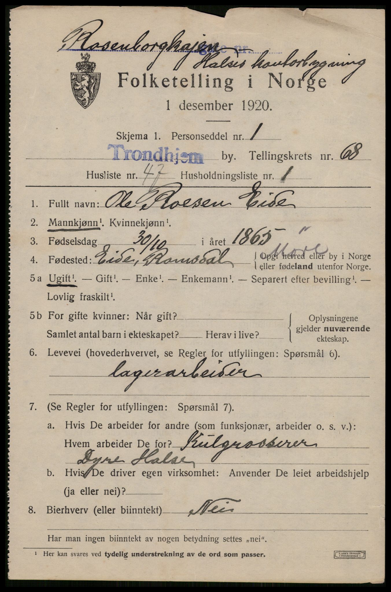 SAT, 1920 census for Trondheim, 1920, p. 135896