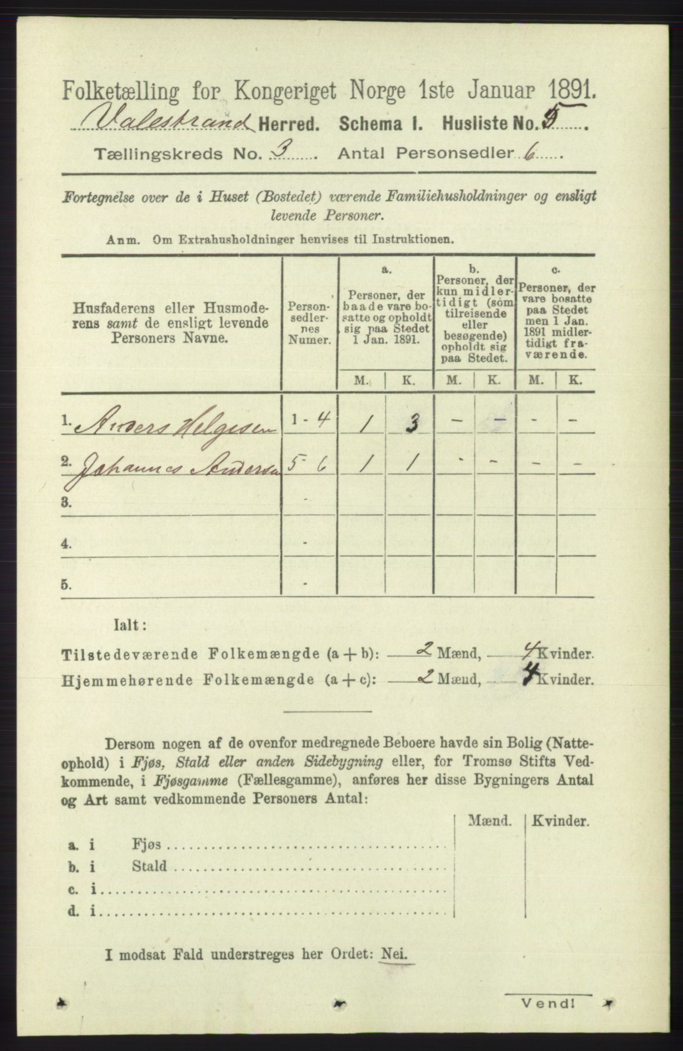 RA, 1891 census for 1217 Valestrand, 1891, p. 494