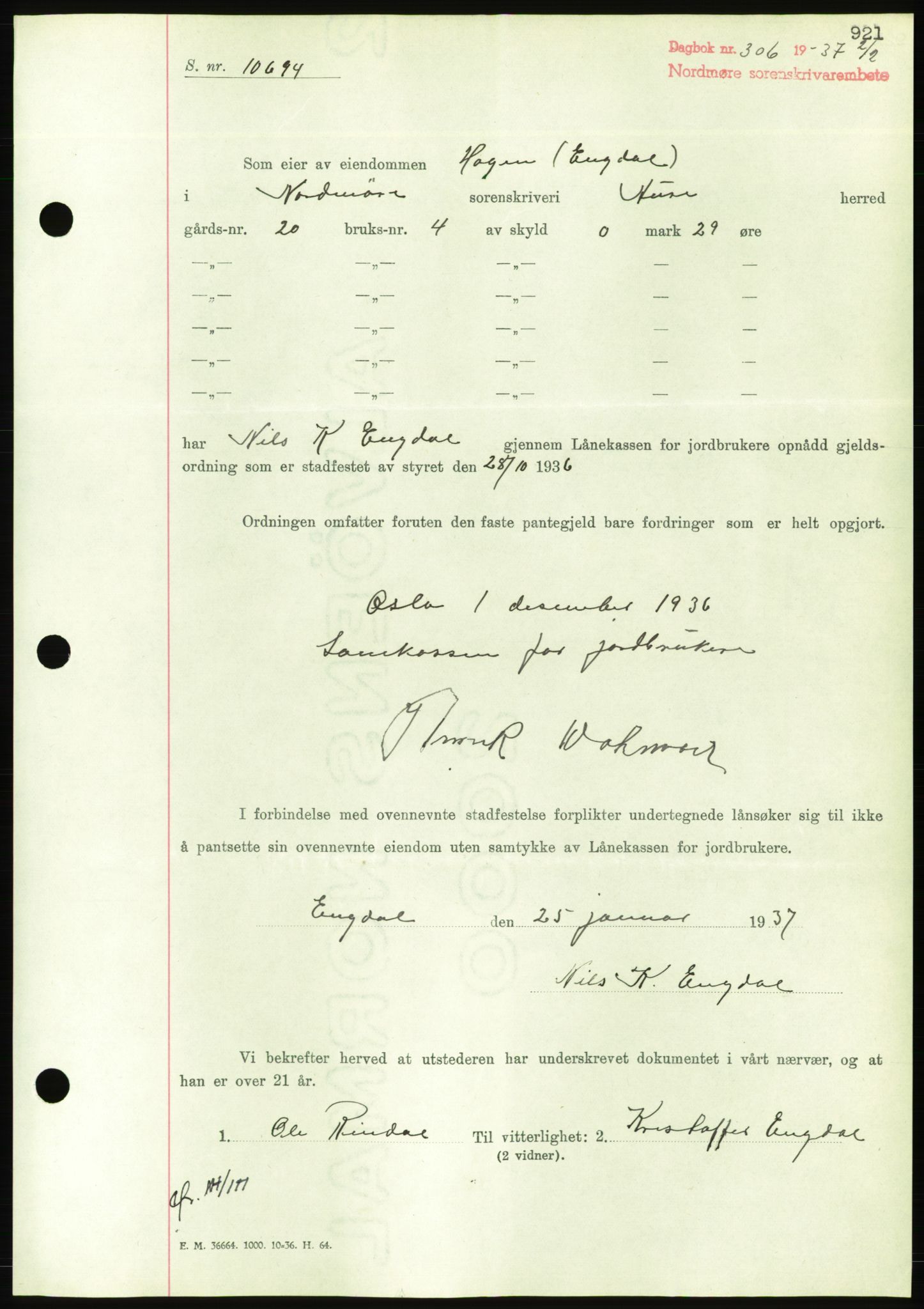 Nordmøre sorenskriveri, AV/SAT-A-4132/1/2/2Ca/L0090: Mortgage book no. B80, 1936-1937, Diary no: : 306/1937