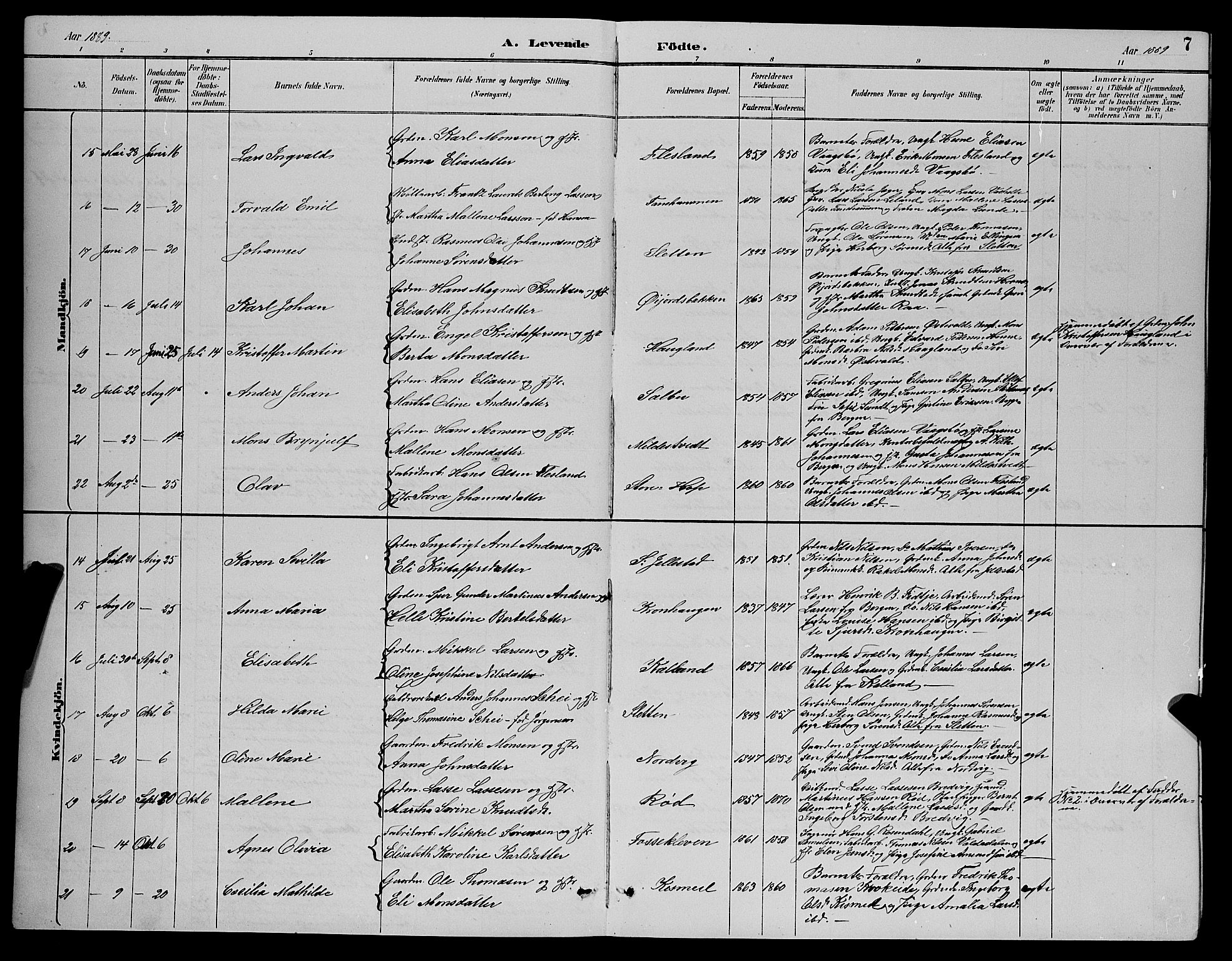 Fana Sokneprestembete, AV/SAB-A-75101/H/Hab/Haba/L0002: Parish register (copy) no. A 2, 1889-1895, p. 7