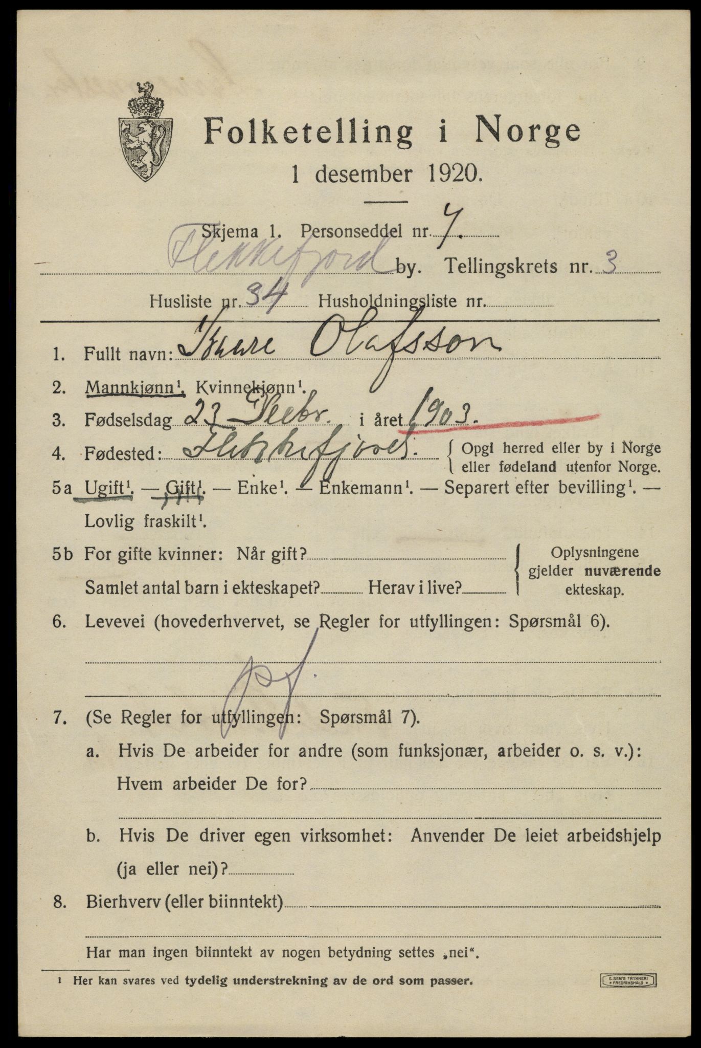 SAK, 1920 census for Flekkefjord, 1920, p. 3810
