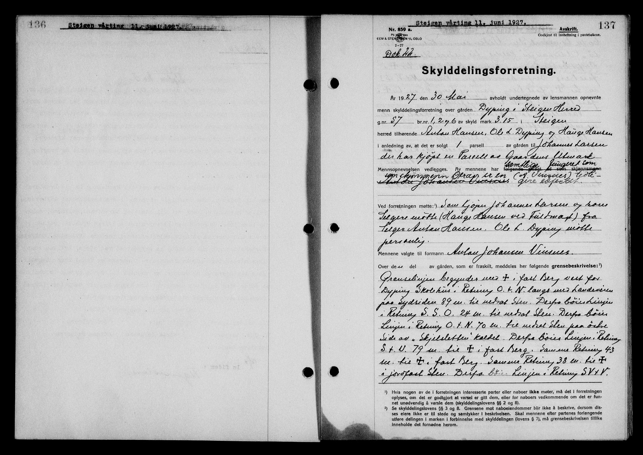 Steigen og Ofoten sorenskriveri, SAT/A-0030/1/2/2C/L0014: Mortgage book no. 13 og 15, 1926-1927, Deed date: 11.06.1927