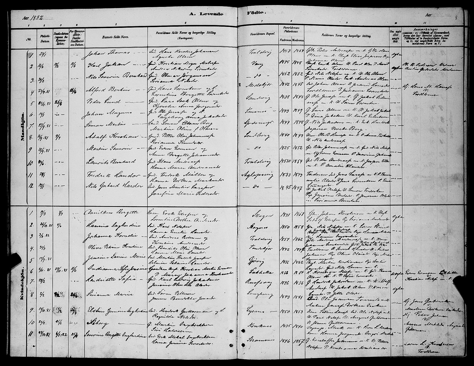 Lenvik sokneprestembete, SATØ/S-1310/H/Ha/Hab/L0006klokker: Parish register (copy) no. 6, 1881-1889, p. 8