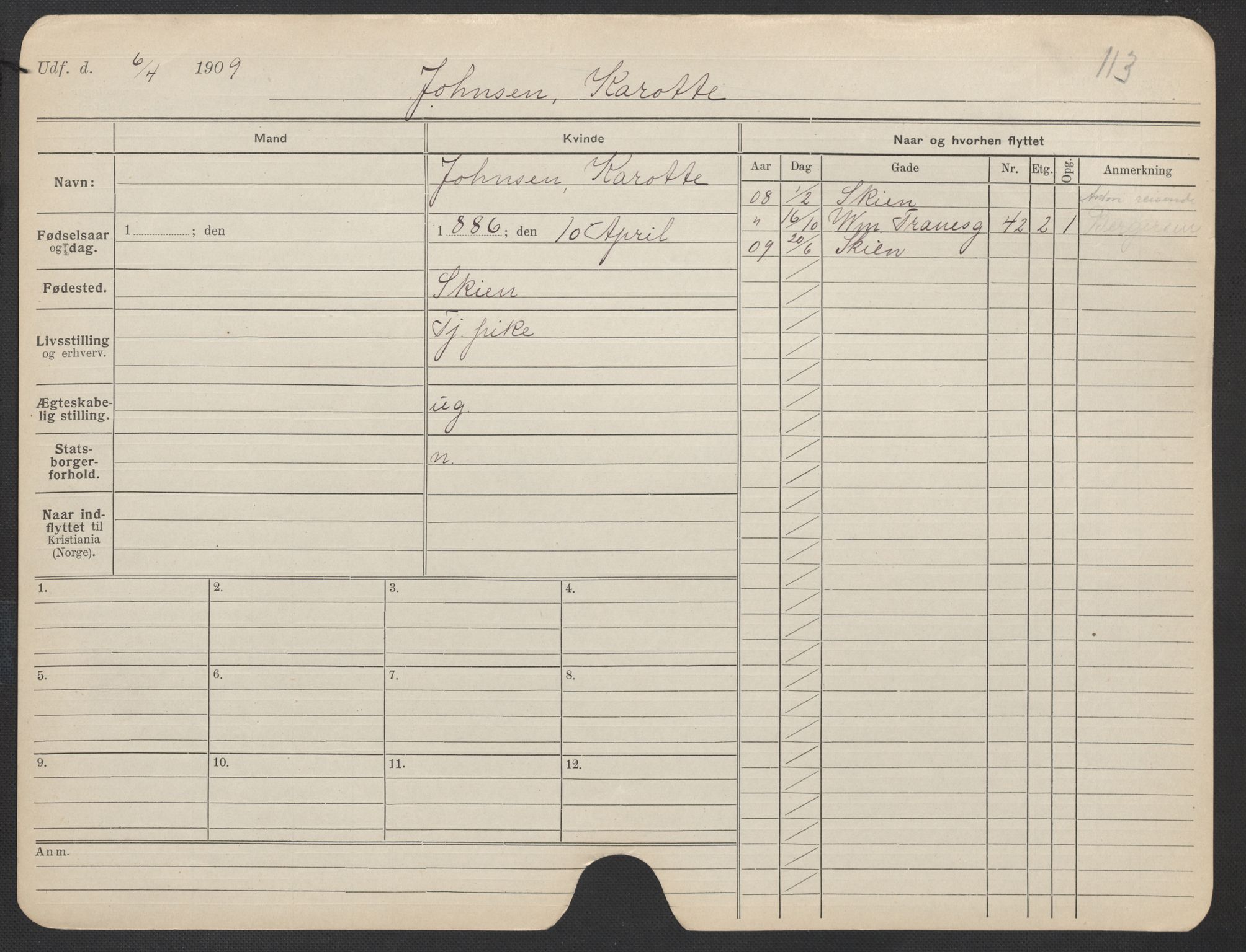 Oslo folkeregister, Registerkort, AV/SAO-A-11715/F/Fa/Fac/L0018: Kvinner, 1906-1914, p. 546a