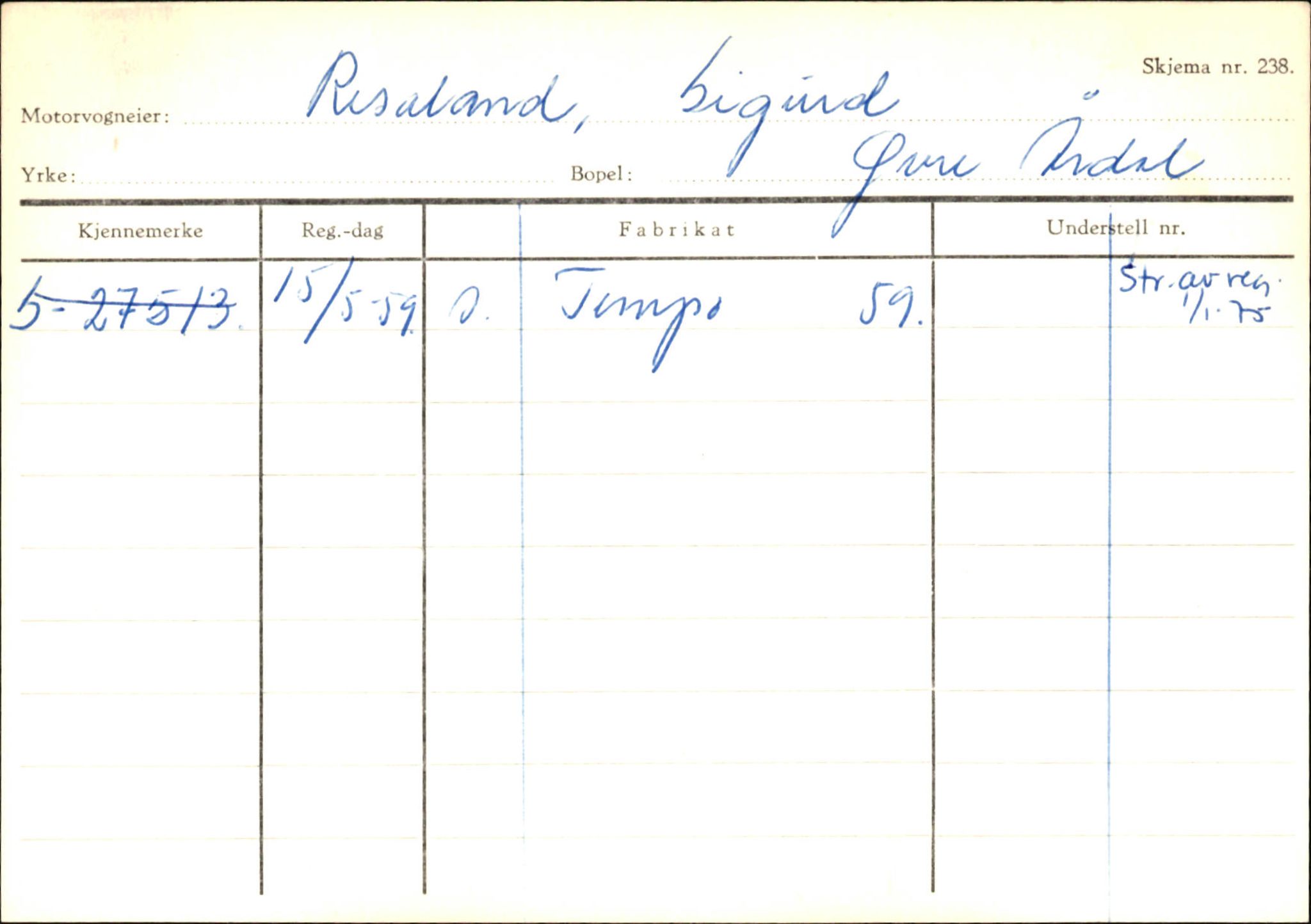 Statens vegvesen, Sogn og Fjordane vegkontor, AV/SAB-A-5301/4/F/L0146: Registerkort Årdal R-Å samt diverse kort, 1945-1975, p. 33