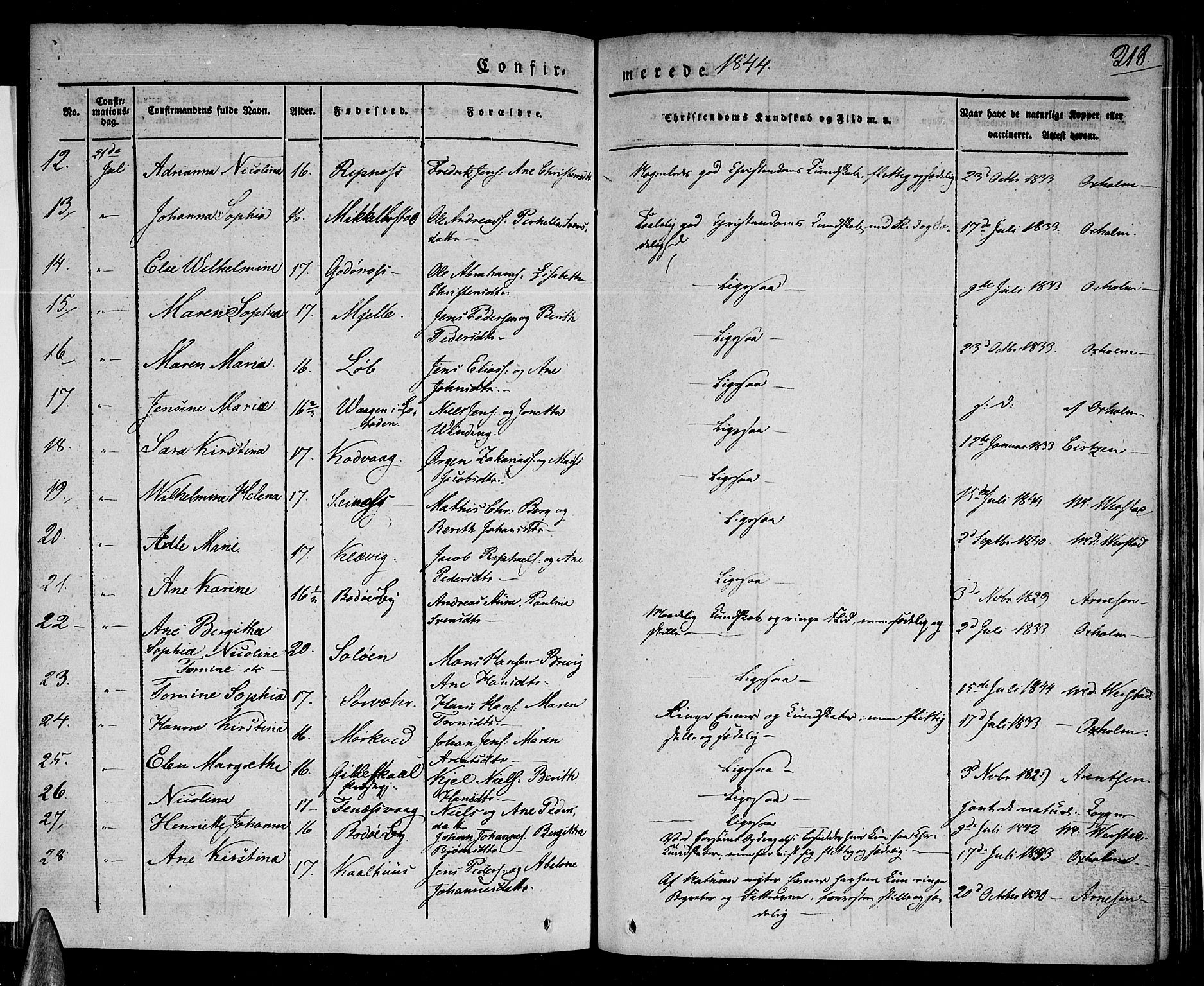 Ministerialprotokoller, klokkerbøker og fødselsregistre - Nordland, SAT/A-1459/801/L0006: Parish register (official) no. 801A06, 1834-1845, p. 218