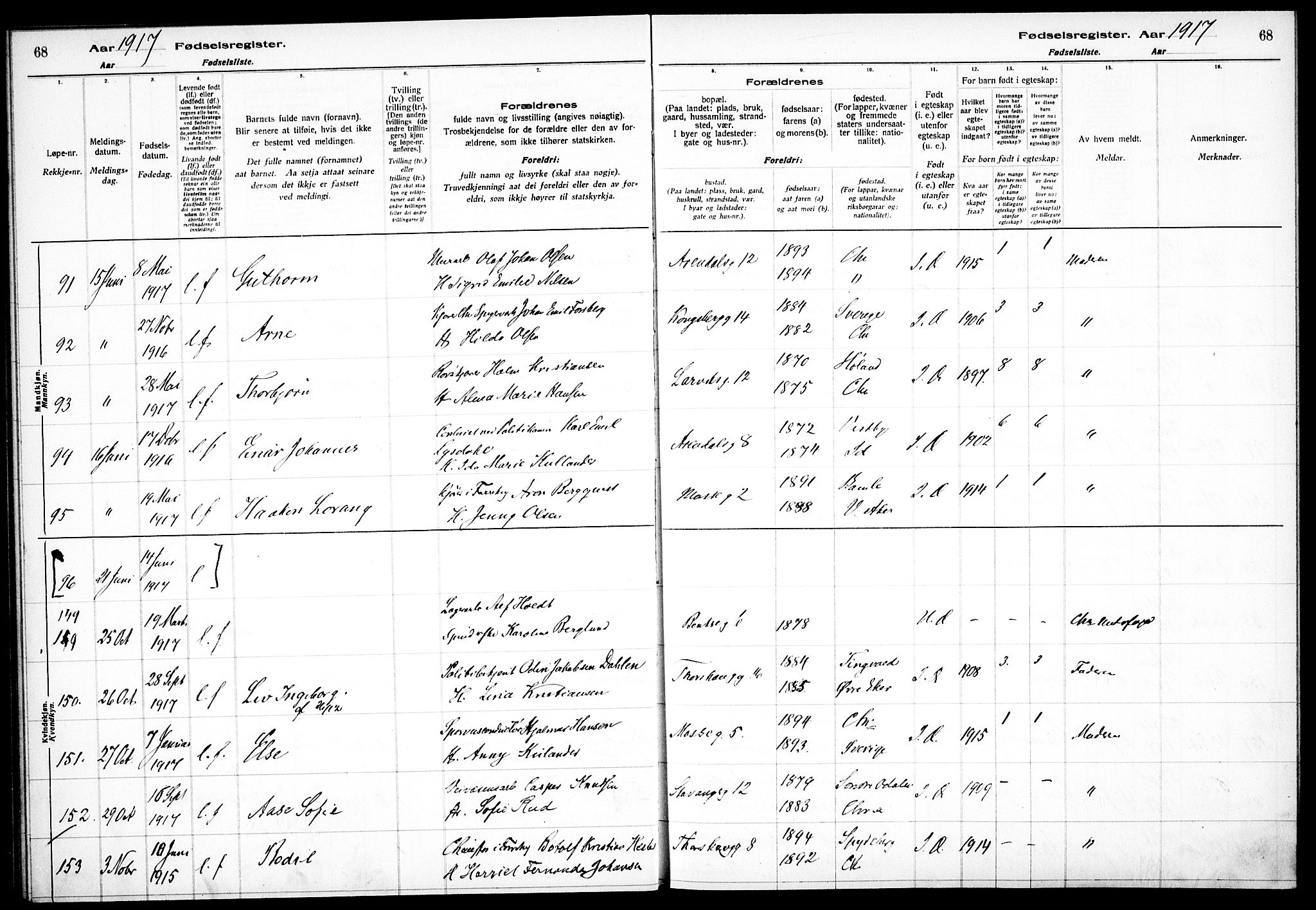 Sagene prestekontor Kirkebøker, AV/SAO-A-10796/J/L0001: Birth register no. 1, 1916-1920, p. 68
