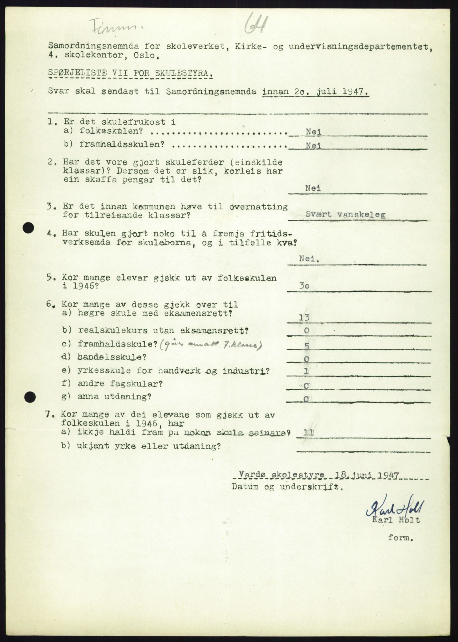 Kirke- og undervisningsdepartementet, Samordningsnemnda for skoleverket, AV/RA-S-1146/D/L0008: Svar på spørreskjema fra kommuner i Nord-Trøndelag, Nordland, Troms og Finnmark, 1947, p. 1078