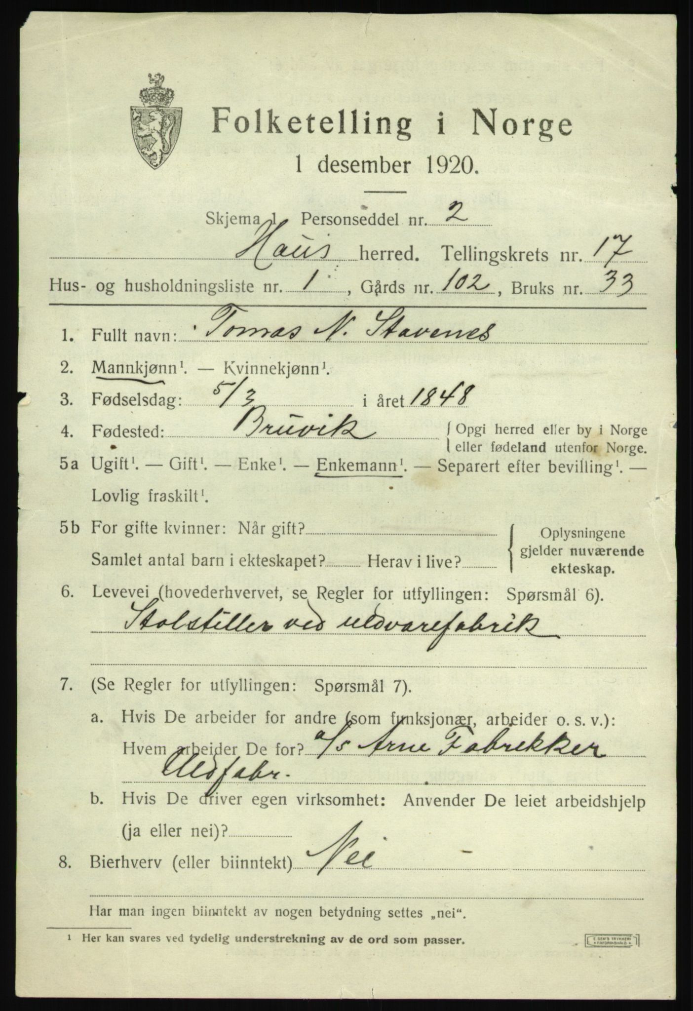 SAB, 1920 census for Haus, 1920, p. 10738