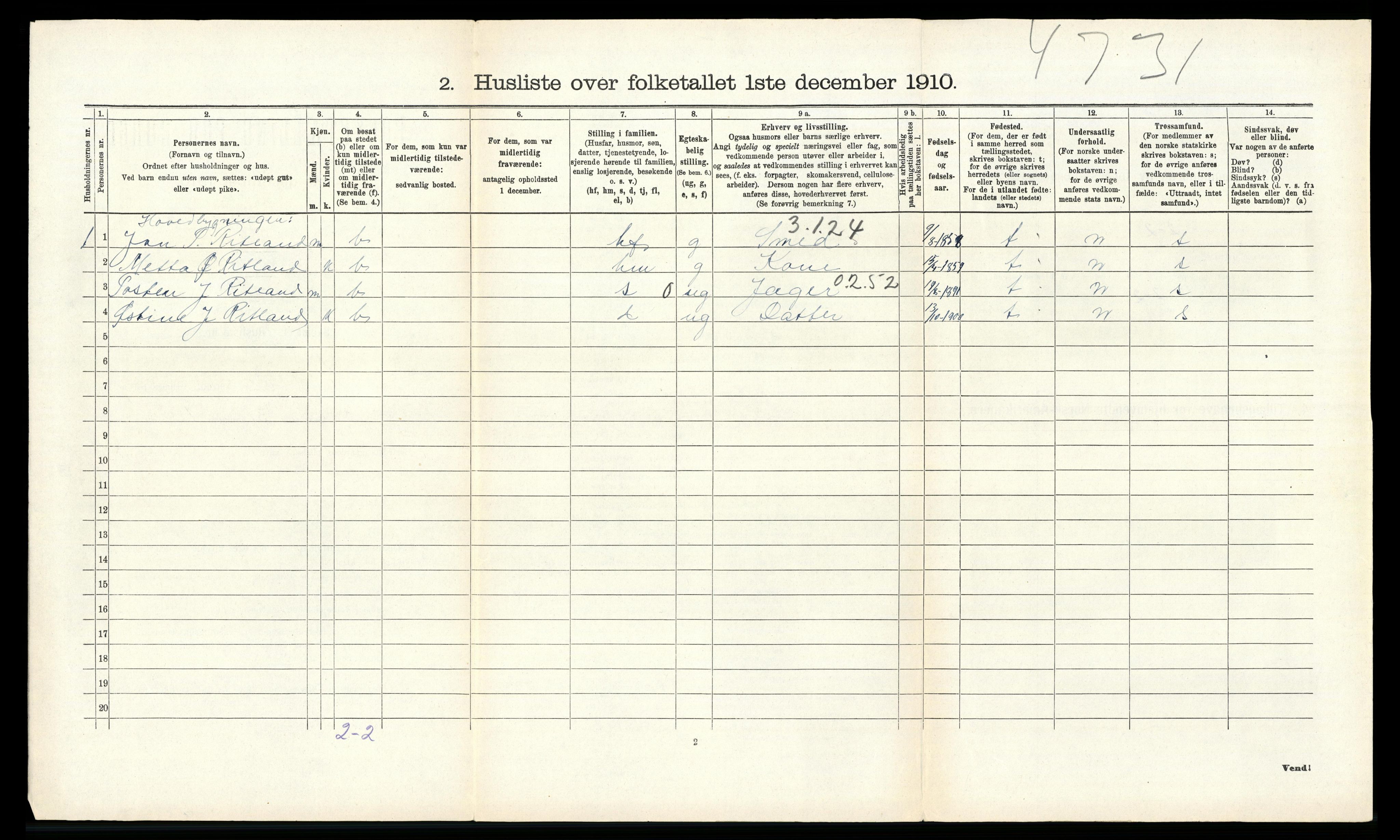 RA, 1910 census for Suldal, 1910, p. 190