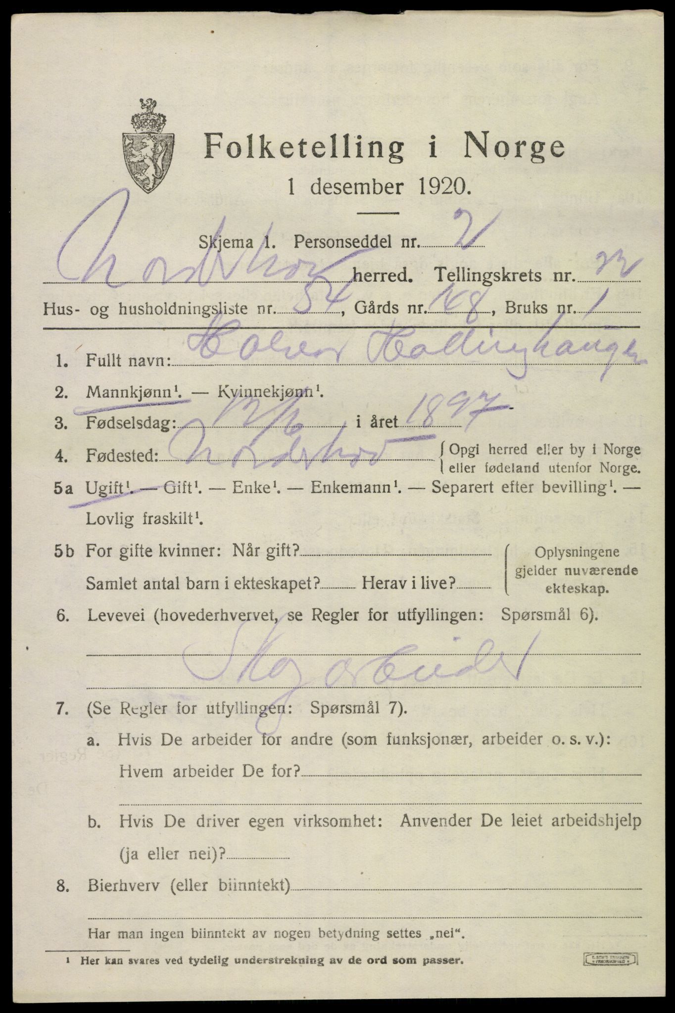 SAKO, 1920 census for Norderhov, 1920, p. 23154