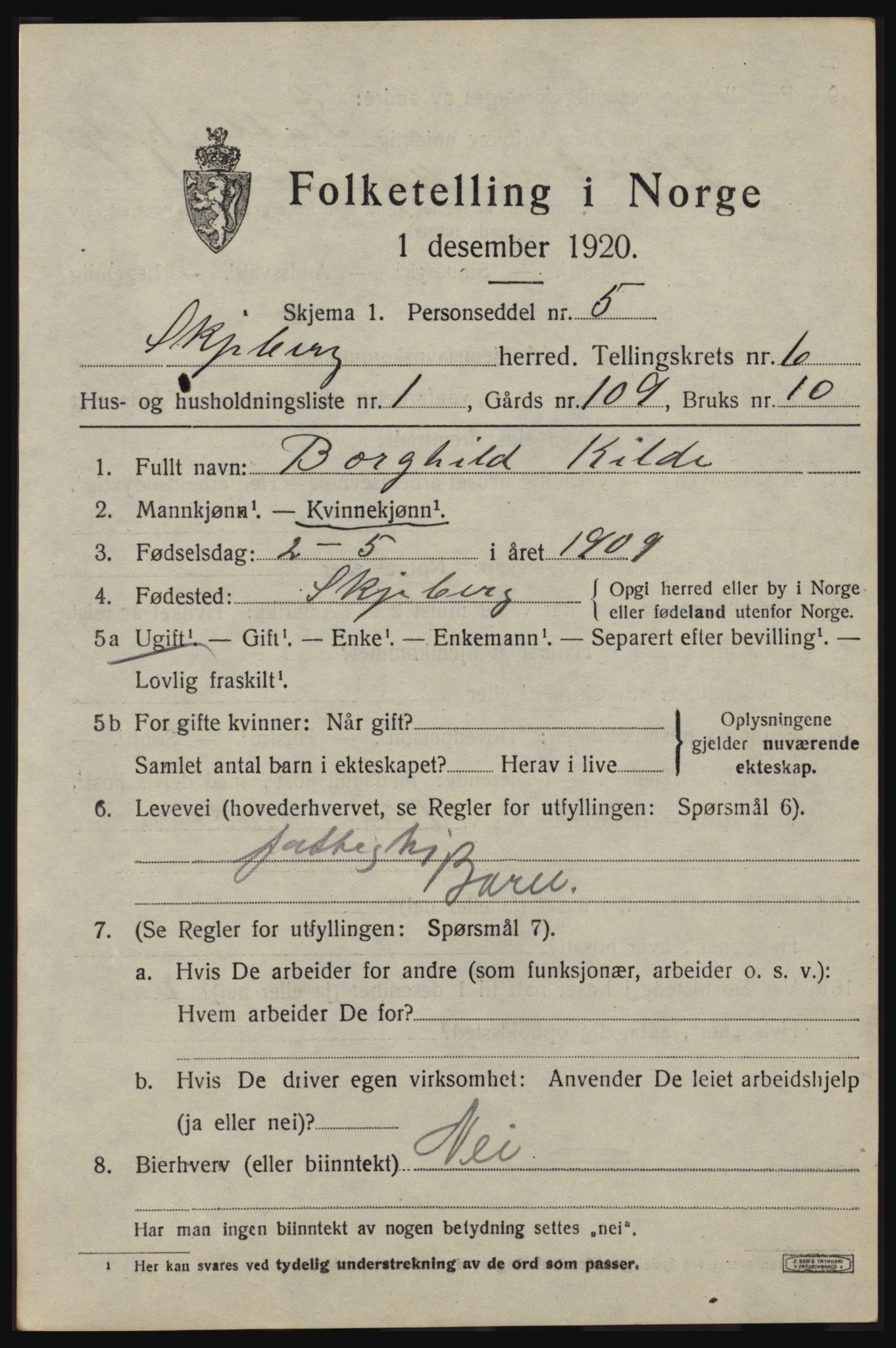 SAO, 1920 census for Skjeberg, 1920, p. 6607