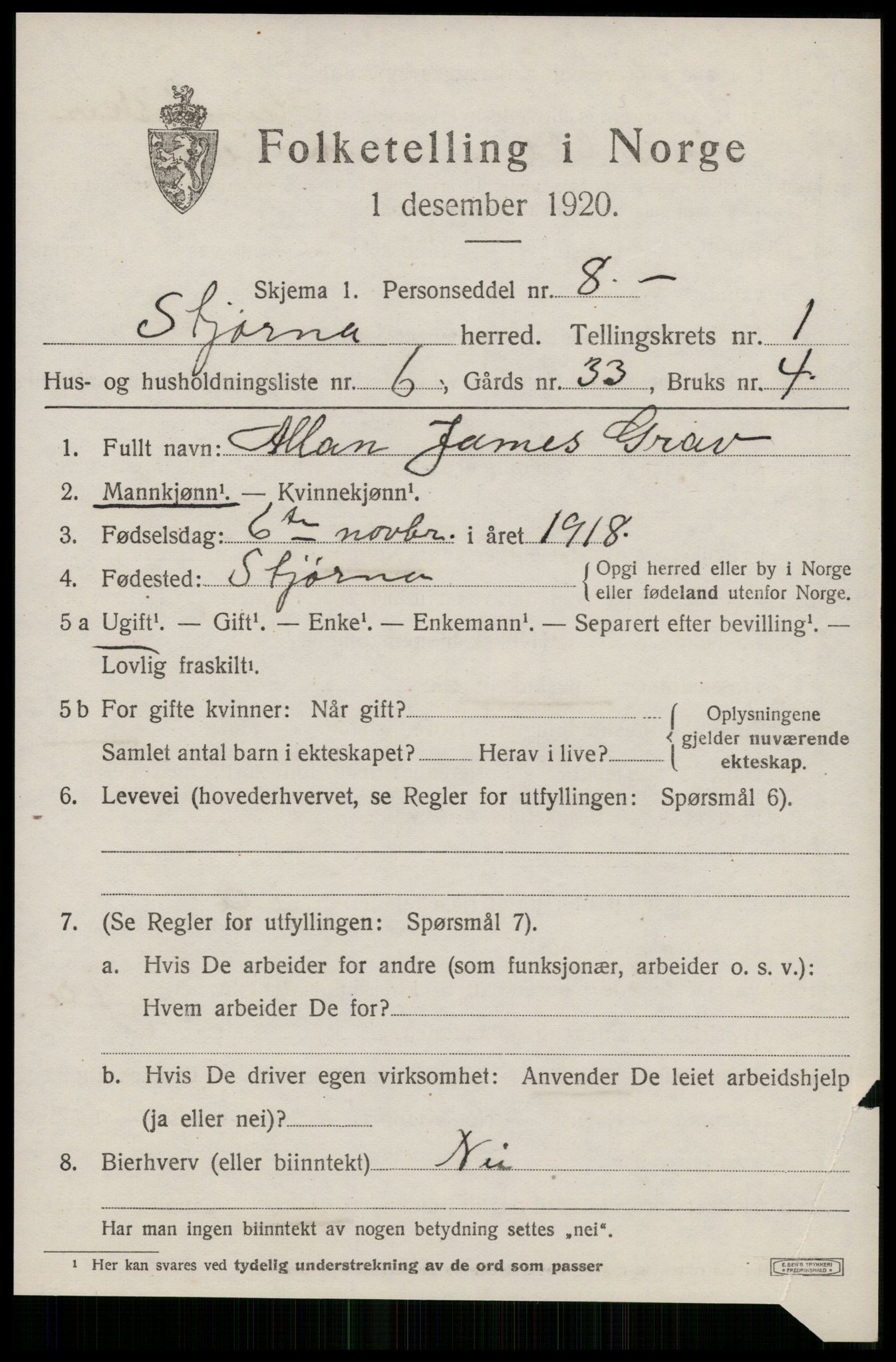 SAT, 1920 census for Stjørna, 1920, p. 1020