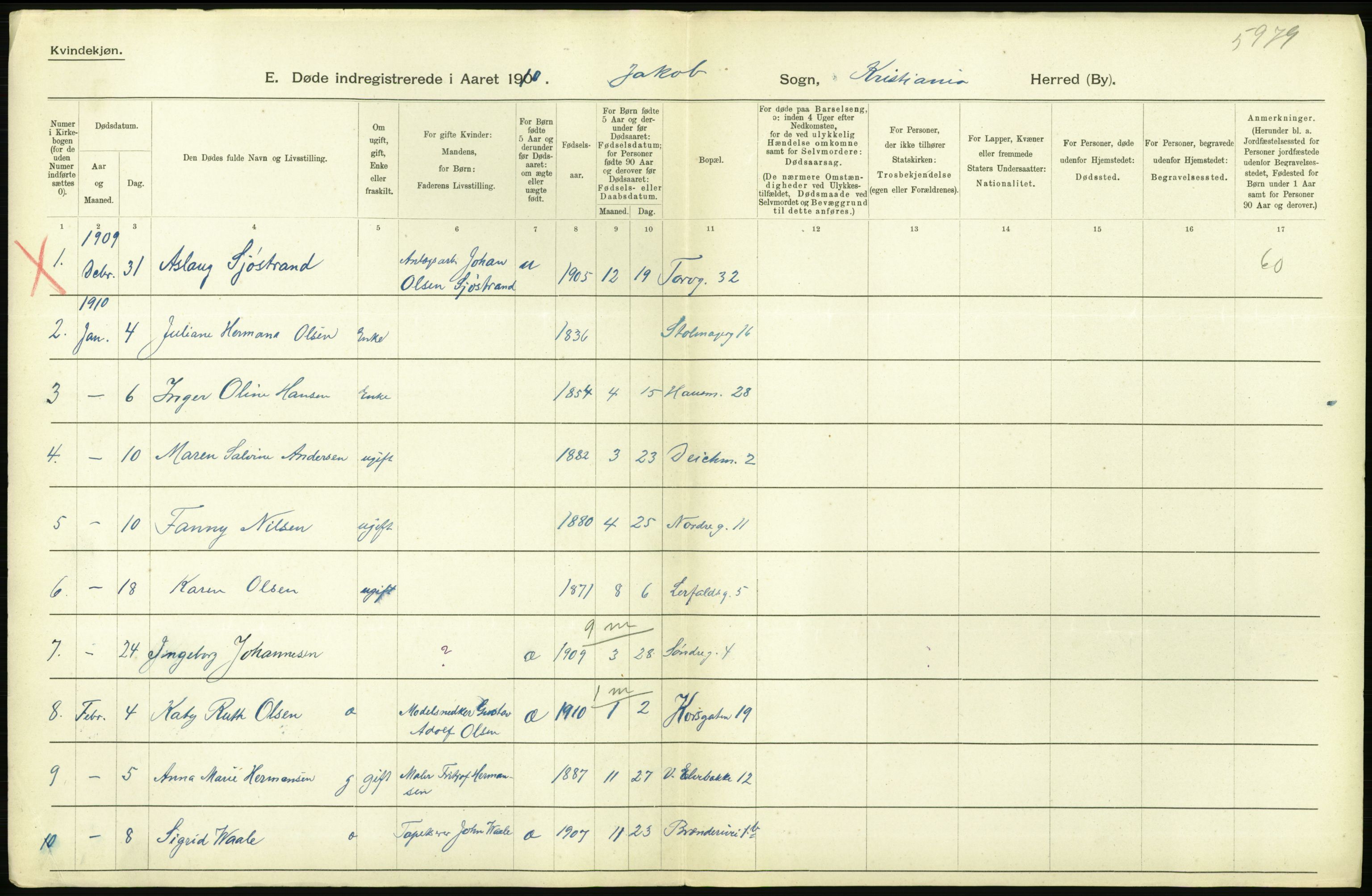 Statistisk sentralbyrå, Sosiodemografiske emner, Befolkning, RA/S-2228/D/Df/Dfa/Dfah/L0008: Kristiania: Døde, 1910, p. 308