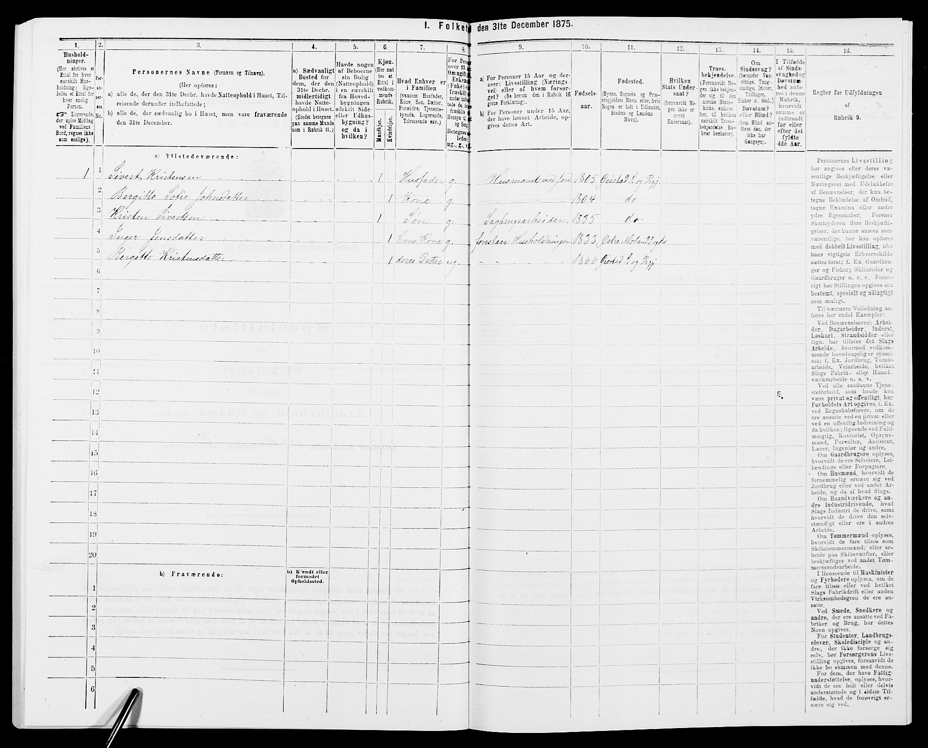 SAK, 1875 census for 0920P Øyestad, 1875, p. 1545