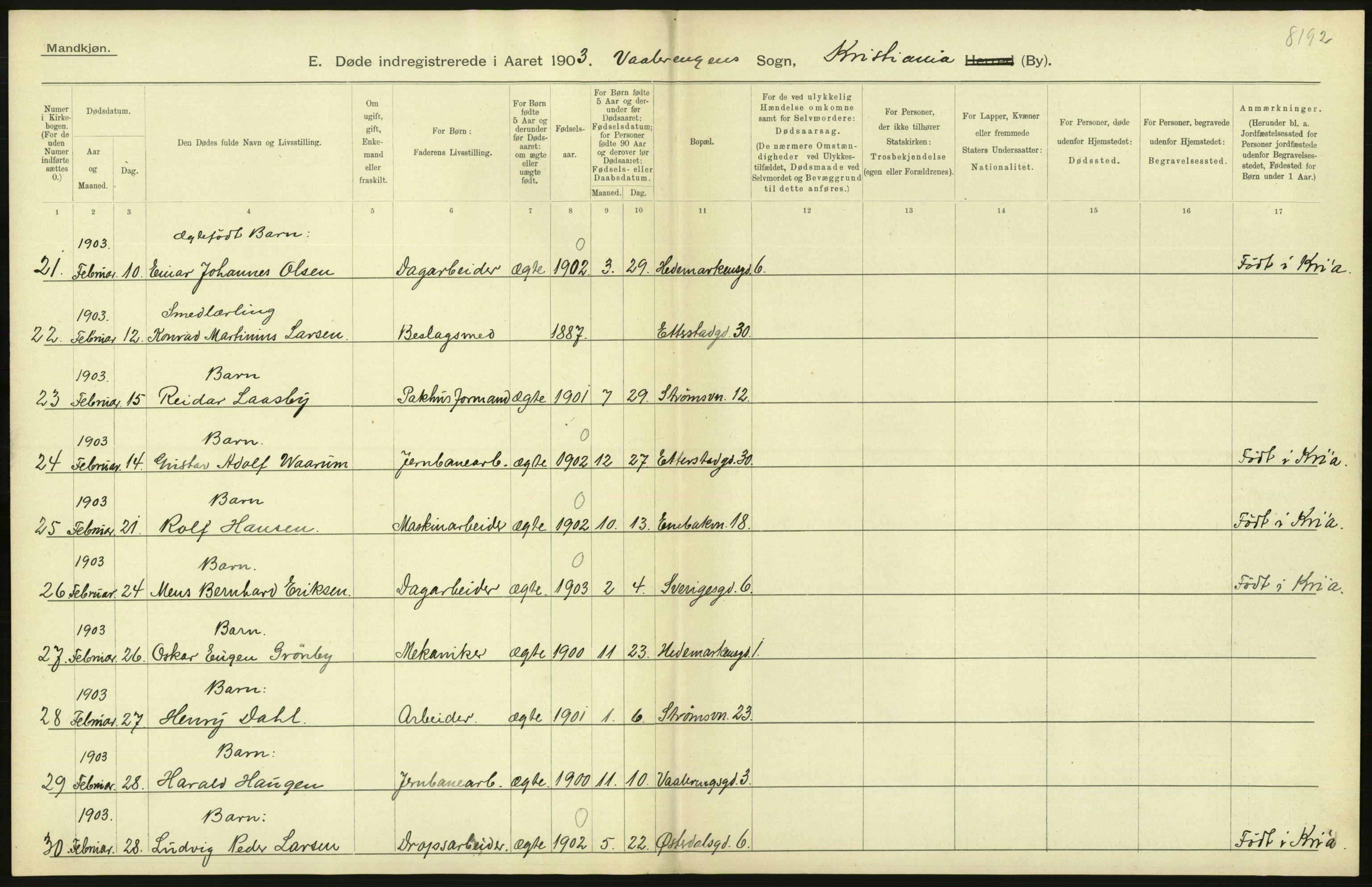 Statistisk sentralbyrå, Sosiodemografiske emner, Befolkning, AV/RA-S-2228/D/Df/Dfa/Dfaa/L0004: Kristiania: Gifte, døde, 1903, p. 428