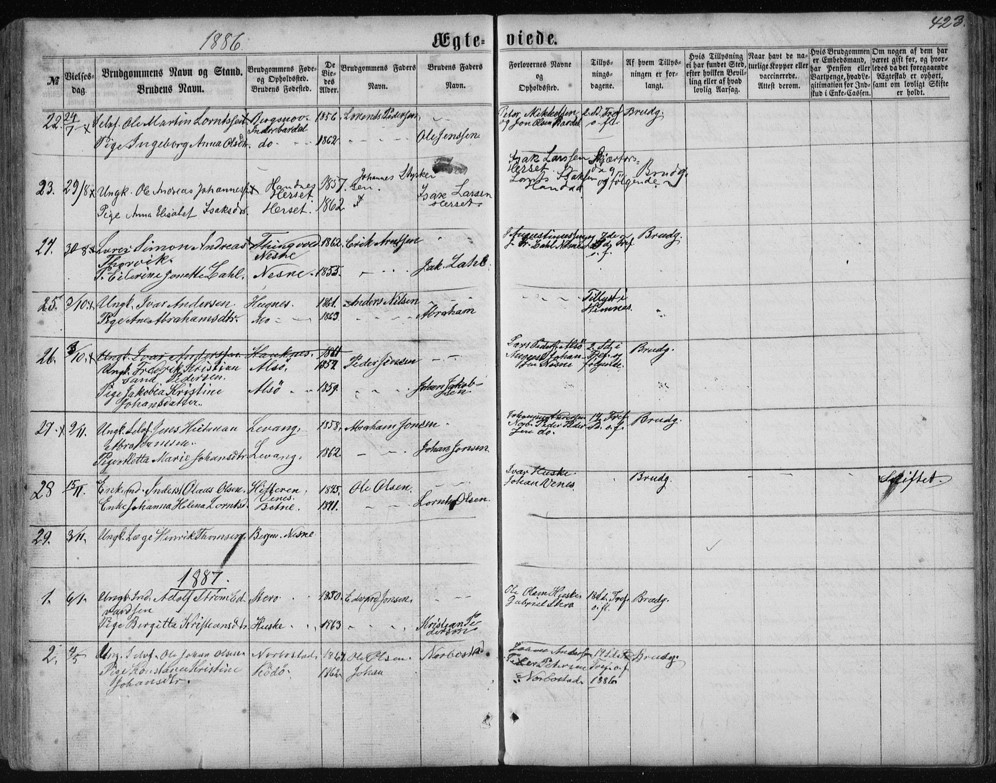 Ministerialprotokoller, klokkerbøker og fødselsregistre - Nordland, SAT/A-1459/838/L0556: Parish register (copy) no. 838C03, 1861-1893, p. 423