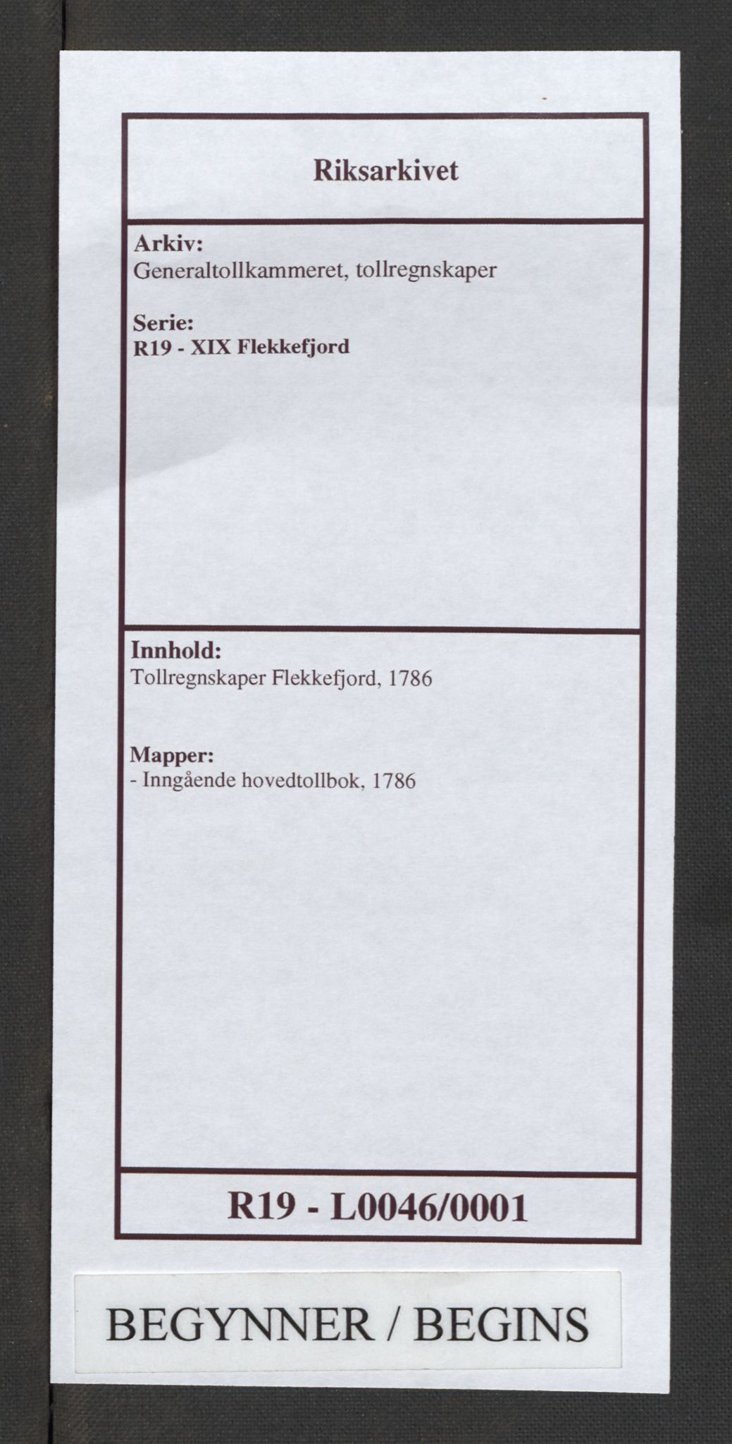 Generaltollkammeret, tollregnskaper, RA/EA-5490/R19/L0046/0001: Tollregnskaper Flekkefjord / Inngående hovedtollbok, 1786