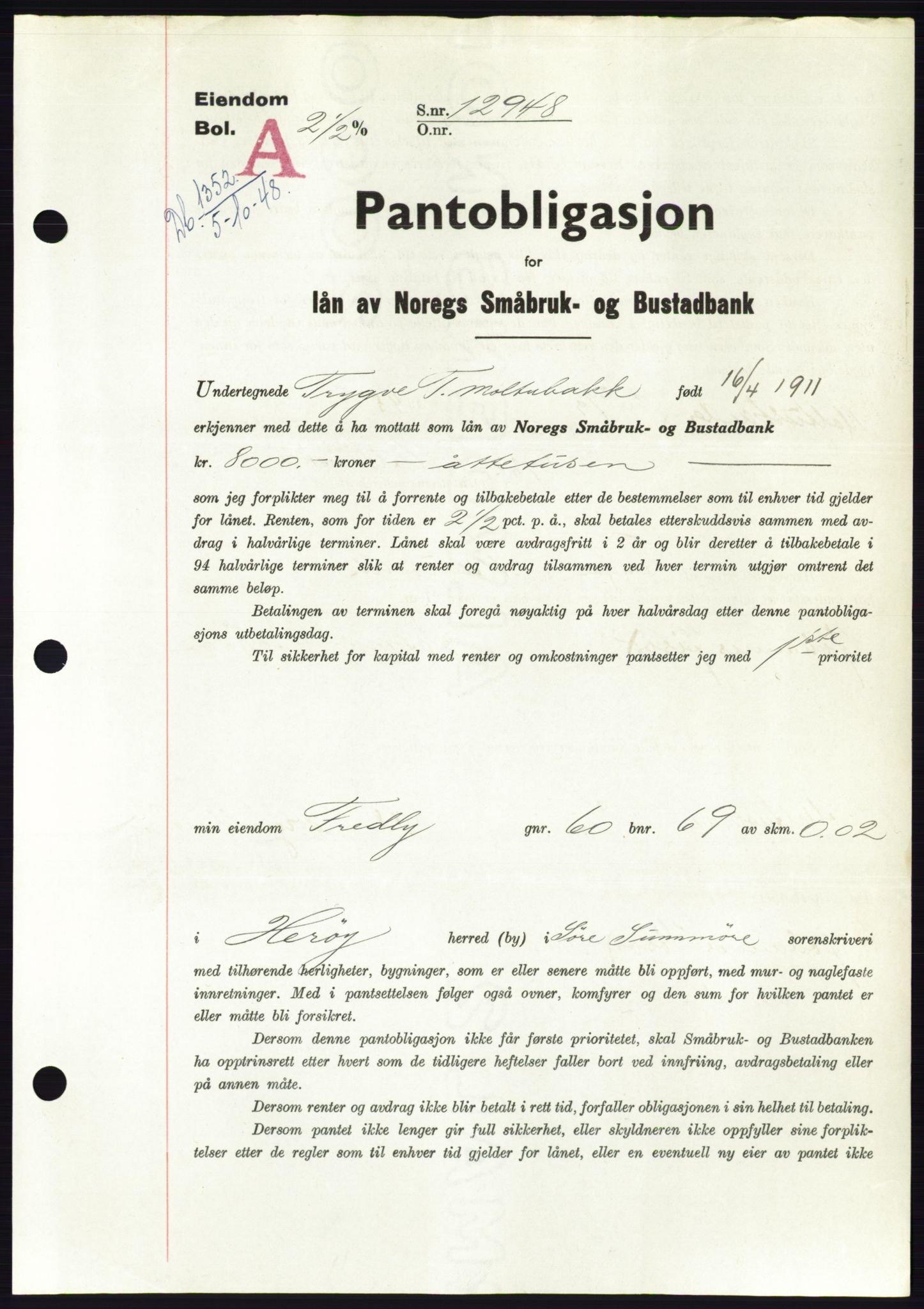 Søre Sunnmøre sorenskriveri, AV/SAT-A-4122/1/2/2C/L0116: Mortgage book no. 4B, 1948-1949, Diary no: : 1352/1948