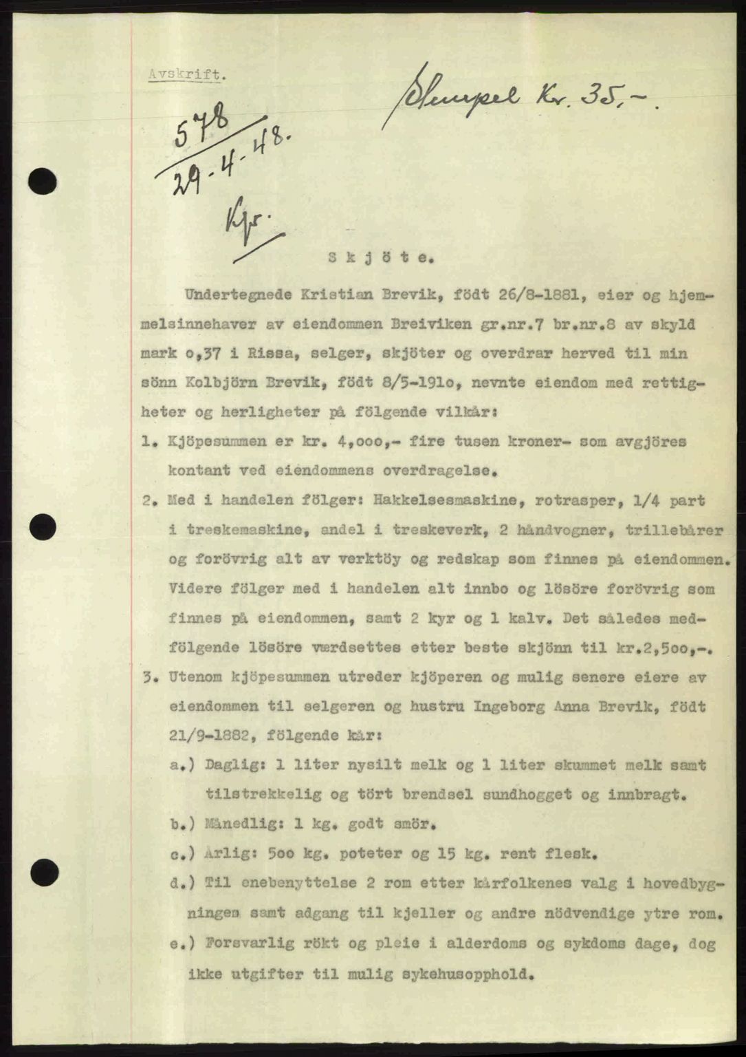 Fosen sorenskriveri, AV/SAT-A-1107/1/2/2C: Mortgage book no. A7-9, 1947-1949, Diary no: : 578/1948