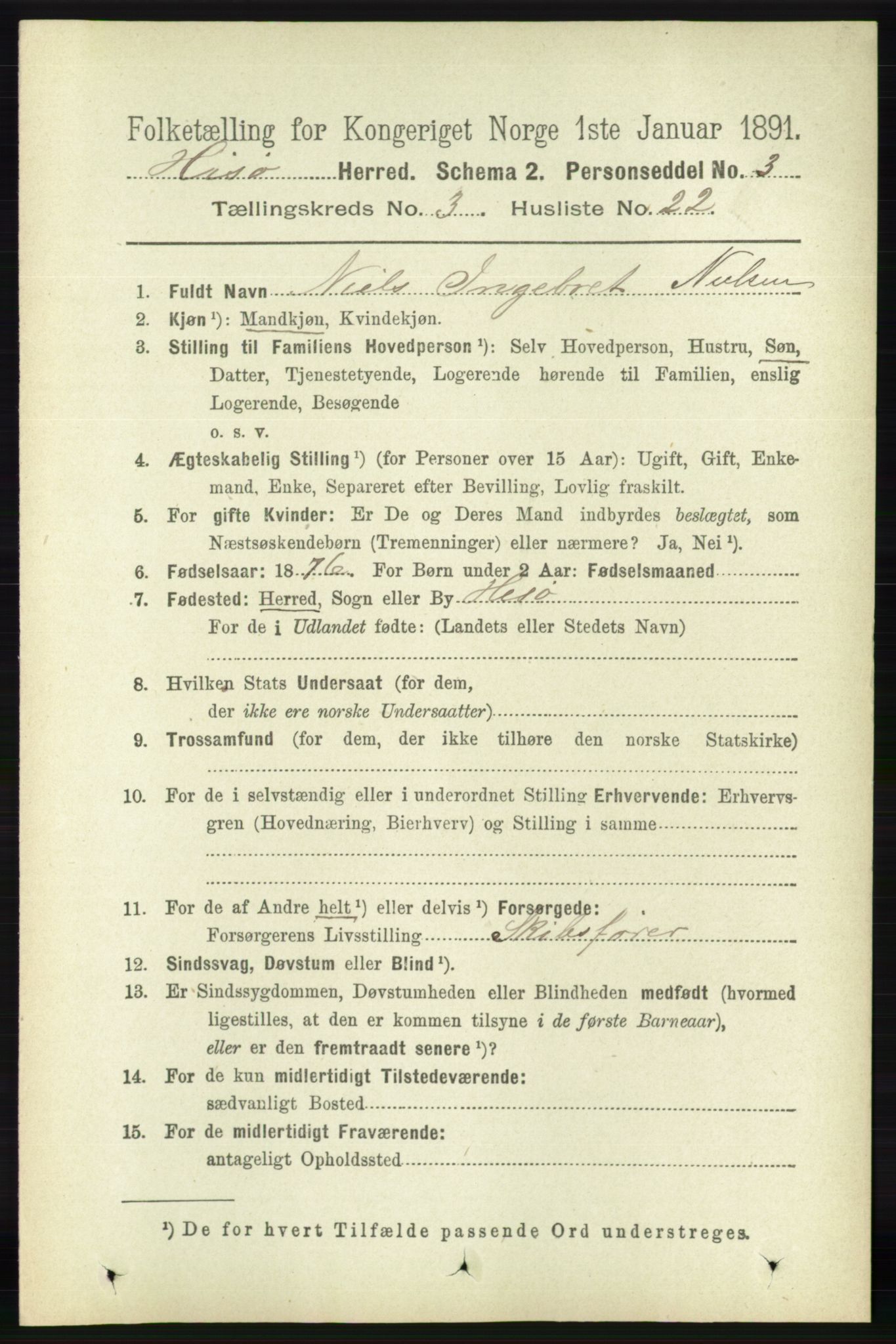 RA, 1891 census for 0922 Hisøy, 1891, p. 2377