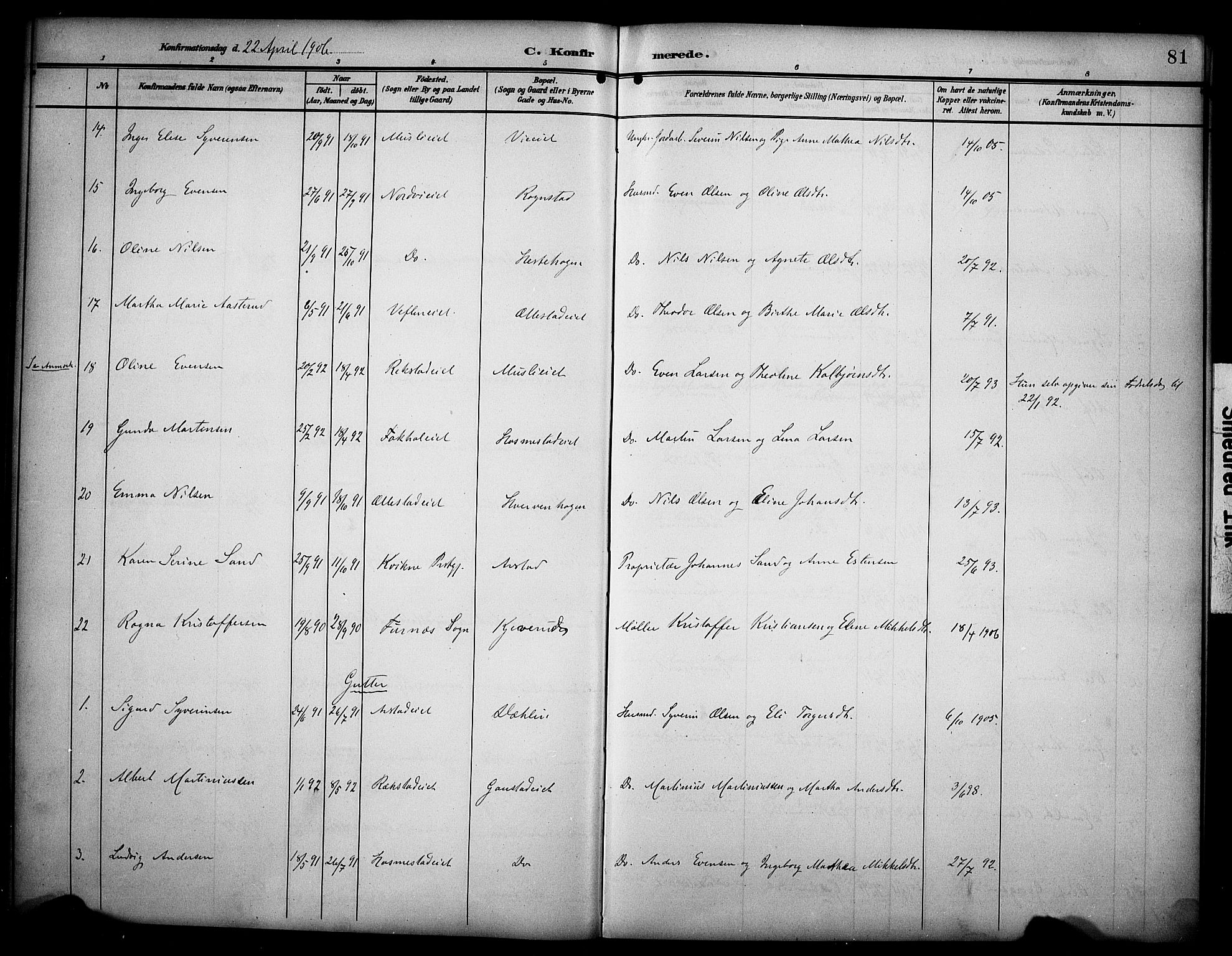 Stange prestekontor, AV/SAH-PREST-002/K/L0022: Parish register (official) no. 22, 1903-1914, p. 81