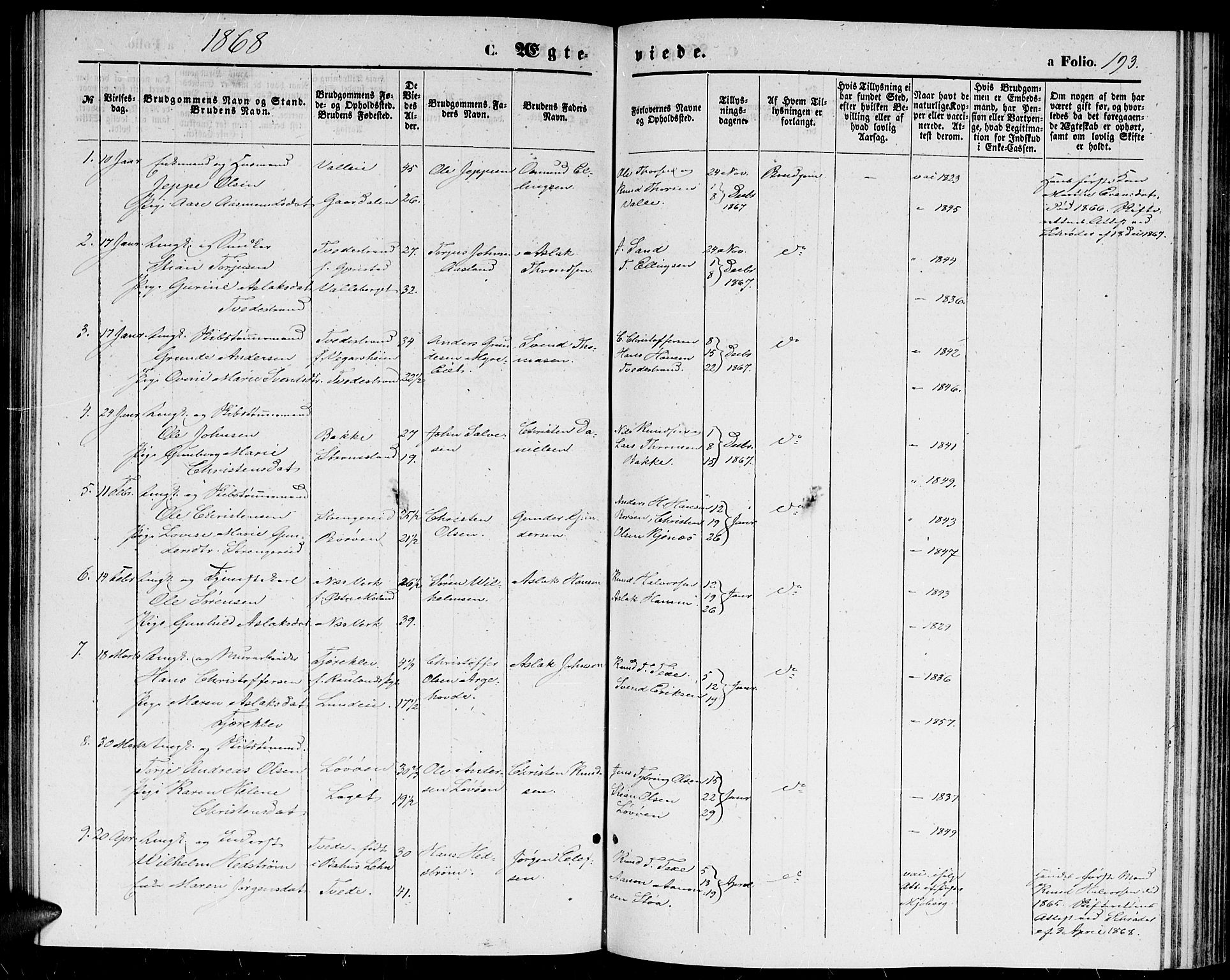 Holt sokneprestkontor, SAK/1111-0021/F/Fb/L0008: Parish register (copy) no. B 8, 1858-1871, p. 193