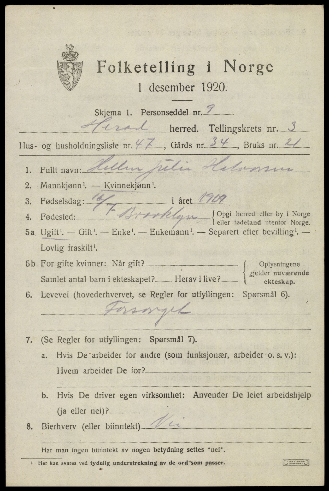 SAK, 1920 census for Herad, 1920, p. 1704