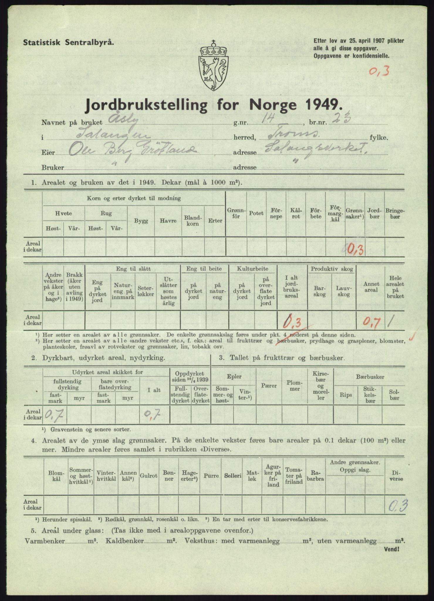 Statistisk sentralbyrå, Næringsøkonomiske emner, Jordbruk, skogbruk, jakt, fiske og fangst, AV/RA-S-2234/G/Gc/L0438: Troms: Salangen og Bardu, 1949, p. 40