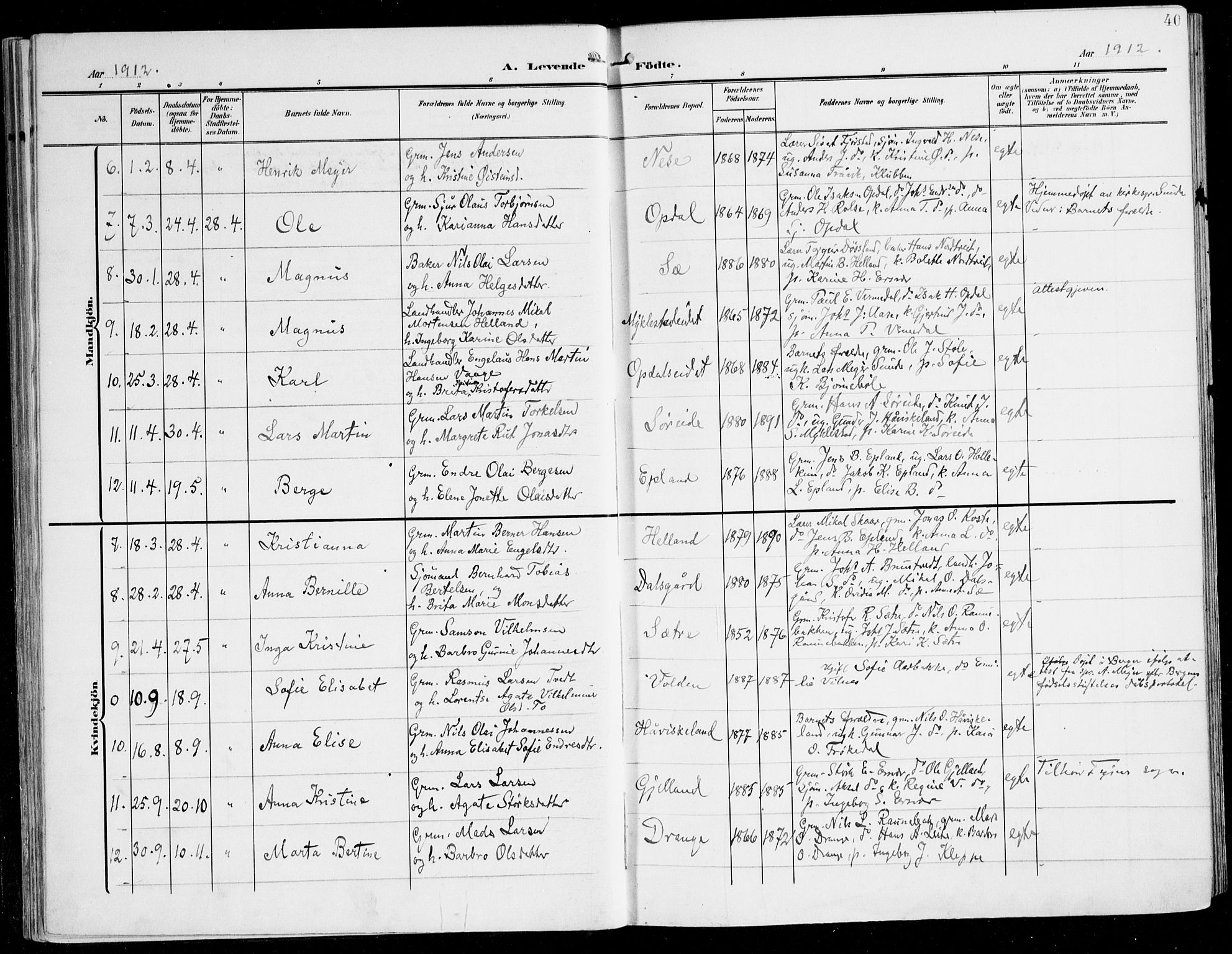 Tysnes sokneprestembete, AV/SAB-A-78601/H/Haa: Parish register (official) no. D 2, 1905-1922, p. 40