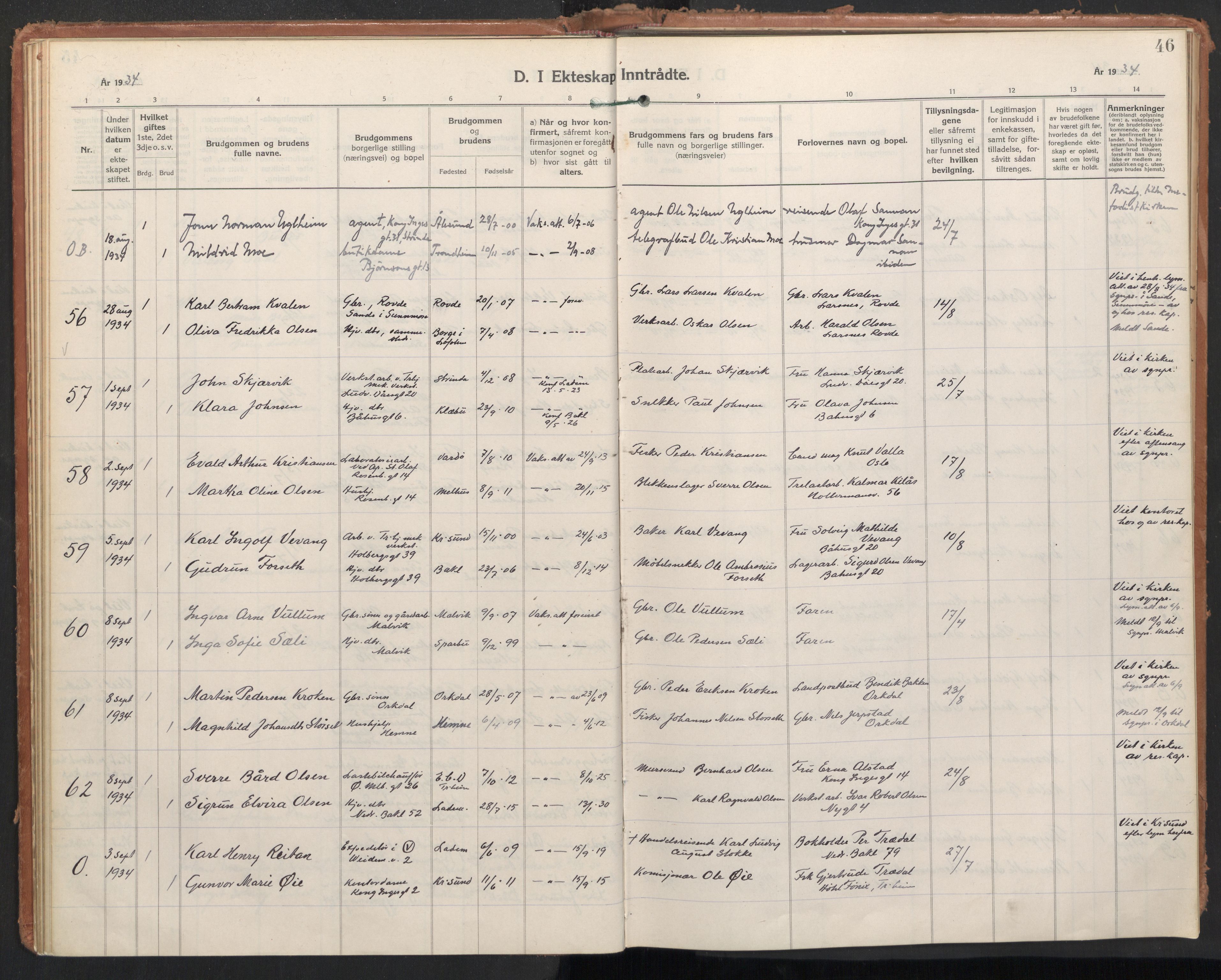 Ministerialprotokoller, klokkerbøker og fødselsregistre - Sør-Trøndelag, AV/SAT-A-1456/604/L0209: Parish register (official) no. 604A29, 1931-1945, p. 46