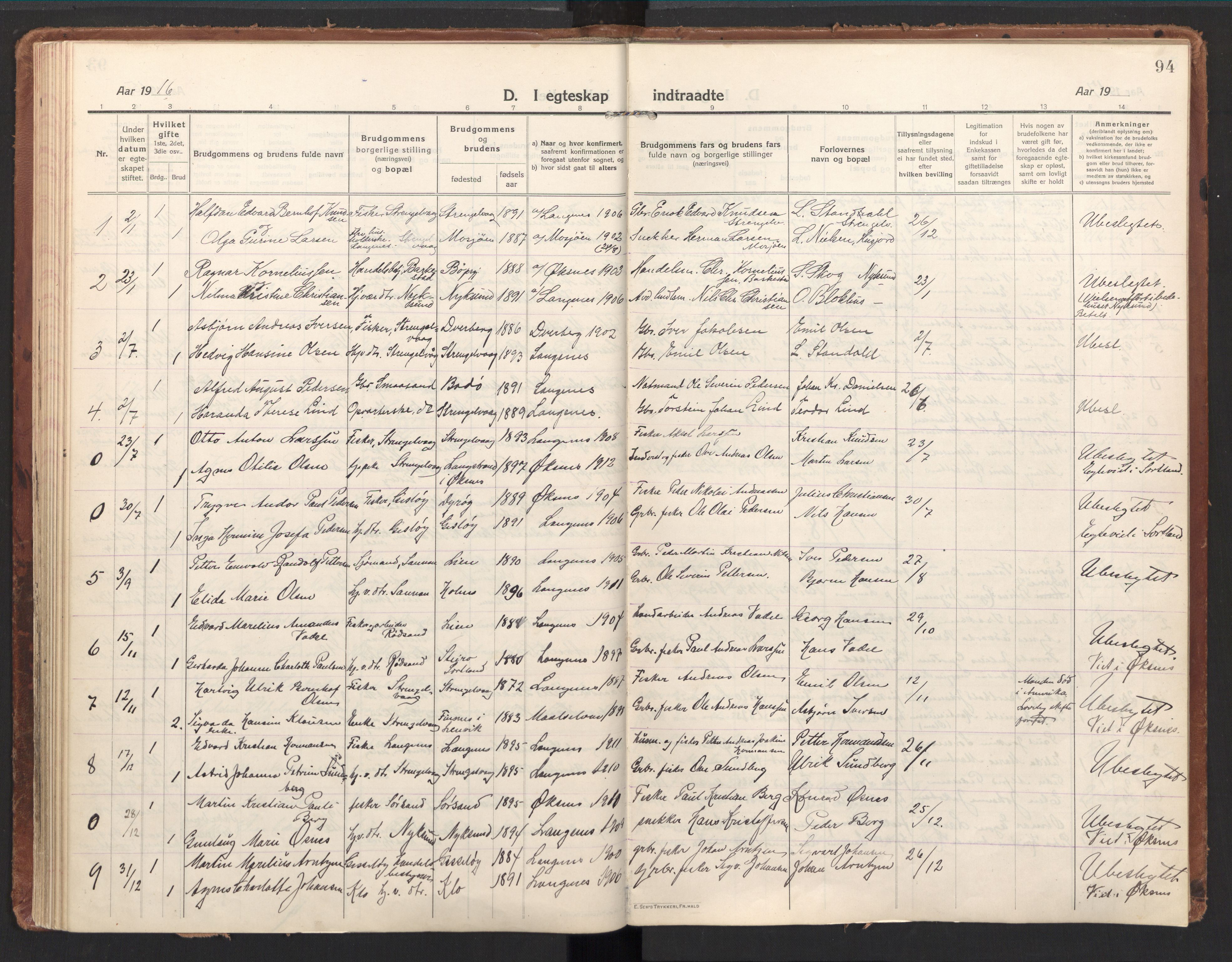 Ministerialprotokoller, klokkerbøker og fødselsregistre - Nordland, AV/SAT-A-1459/894/L1357: Parish register (official) no. 894A03, 1913-1934, p. 94