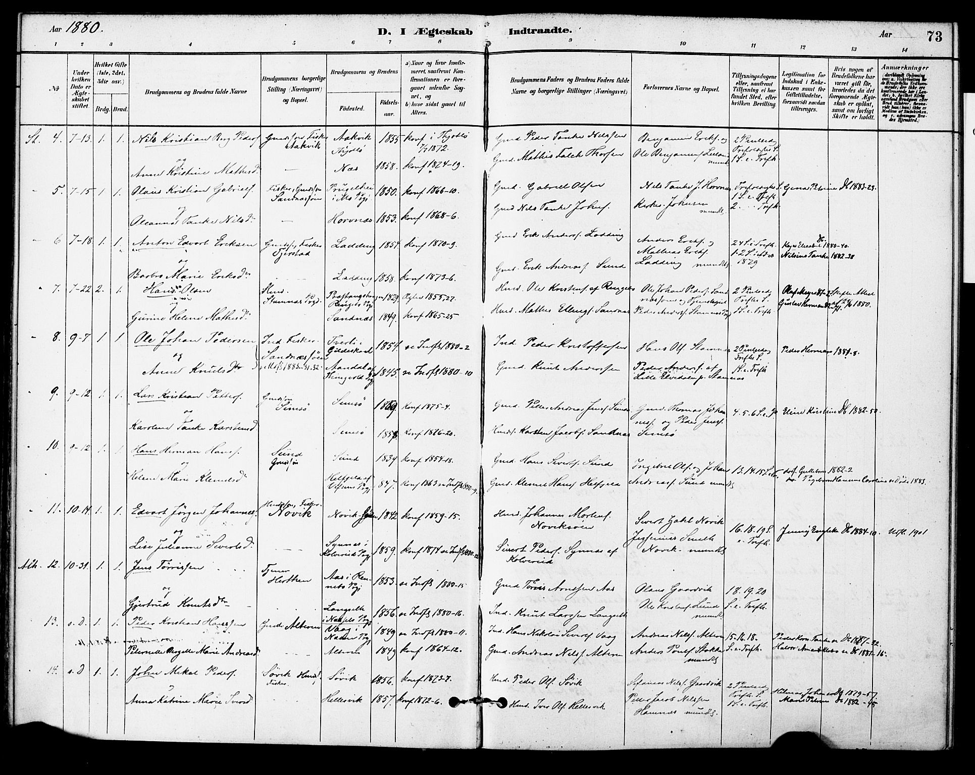 Ministerialprotokoller, klokkerbøker og fødselsregistre - Nordland, AV/SAT-A-1459/830/L0450: Parish register (official) no. 830A14, 1879-1896, p. 73