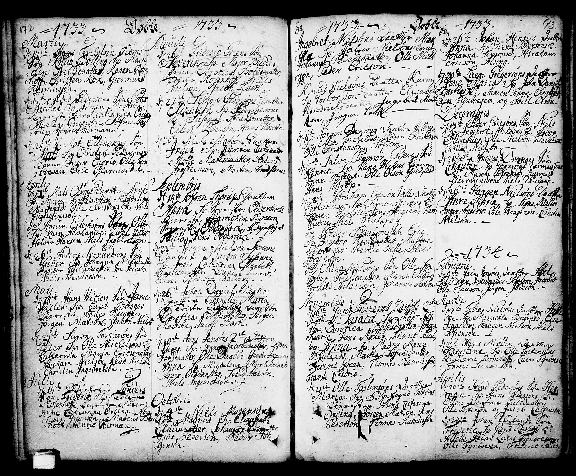Kragerø kirkebøker, SAKO/A-278/F/Fa/L0001: Parish register (official) no. 1, 1702-1766, p. 172-173