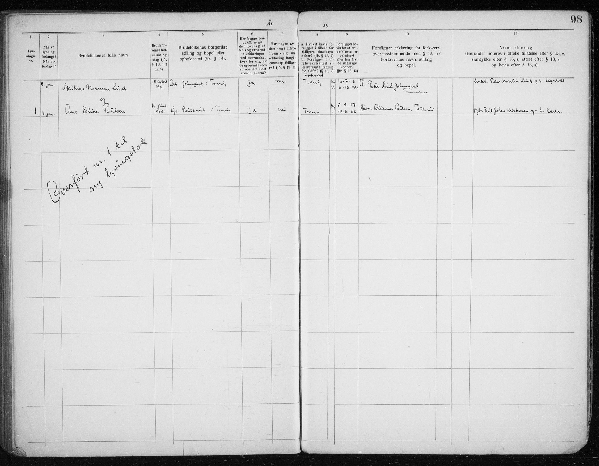 Tranøy sokneprestkontor, SATØ/S-1313/J/Jc/L0053: Banns register no. 53, 1919-1940, p. 98