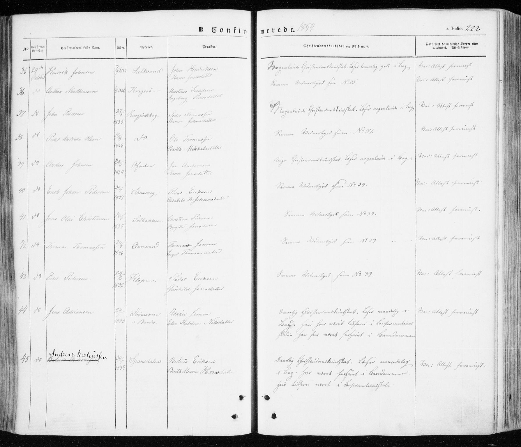 Ibestad sokneprestembete, SATØ/S-0077/H/Ha/Haa/L0008kirke: Parish register (official) no. 8, 1850-1859, p. 222